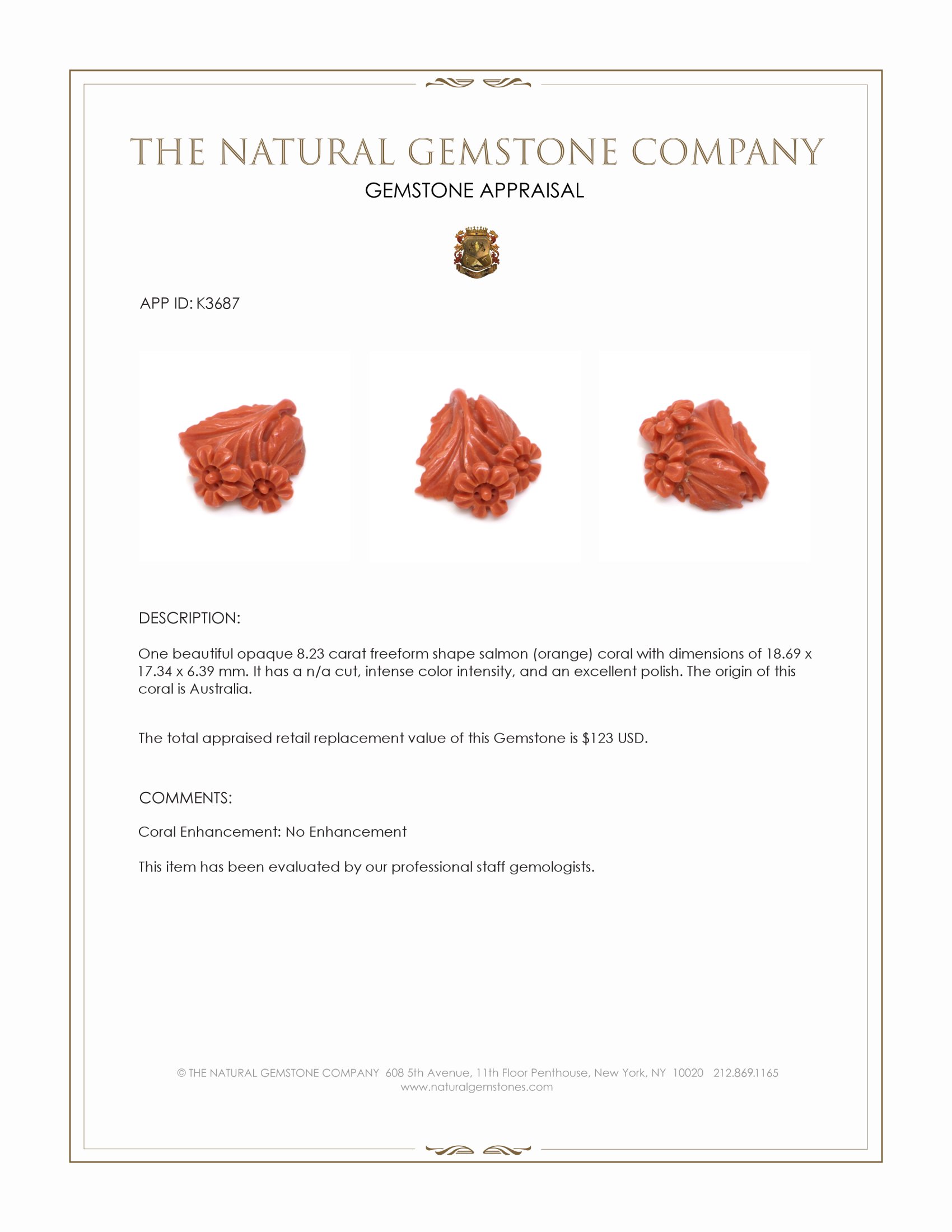 8.23 Ct. Salmon (Orange) Coral from Australia
