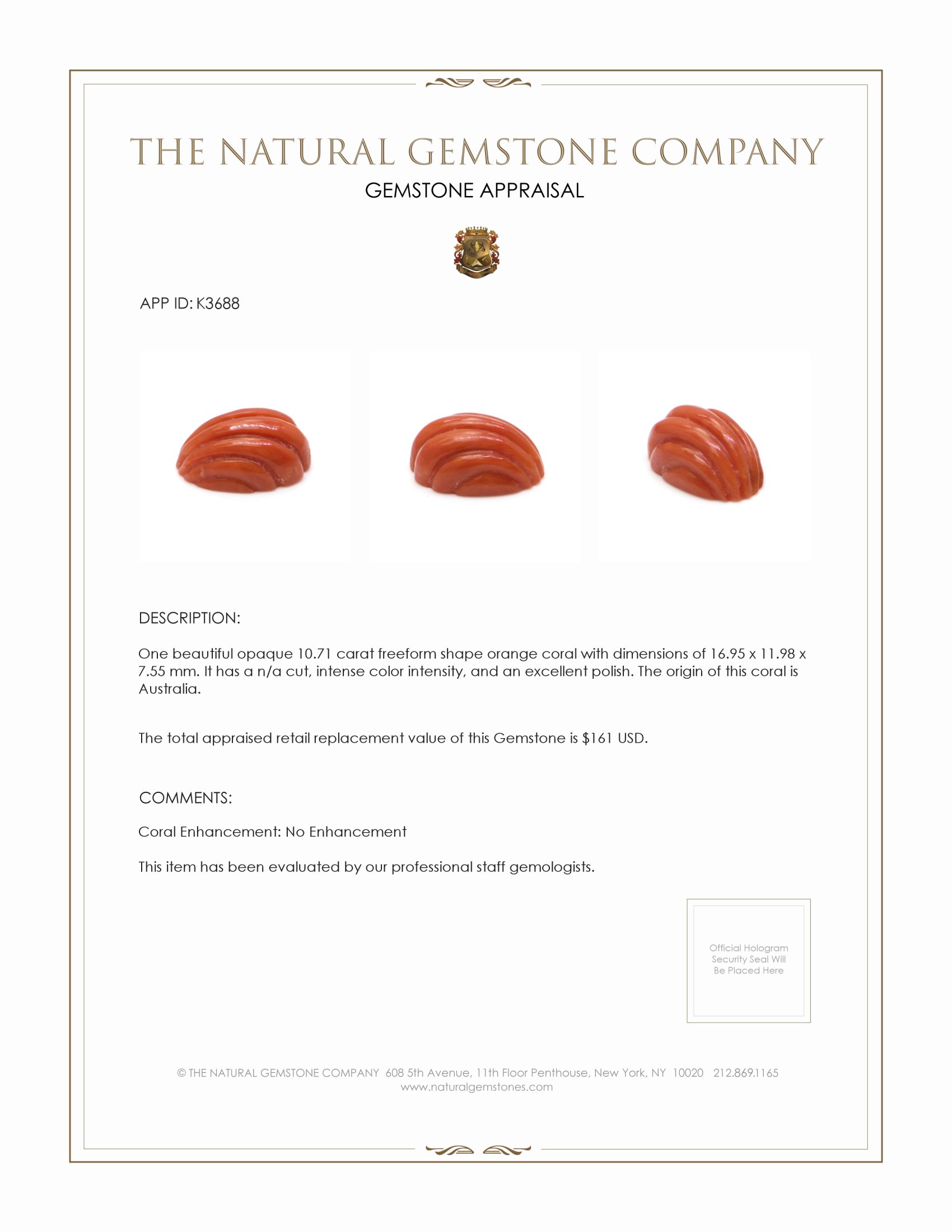 10.71 Ct. Salmon (Orange) Coral from Australia