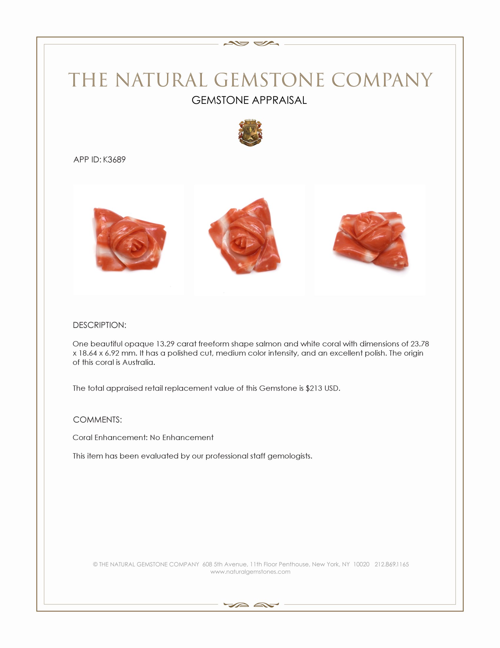 13.29 Ct. Salmon and White Coral from Australia