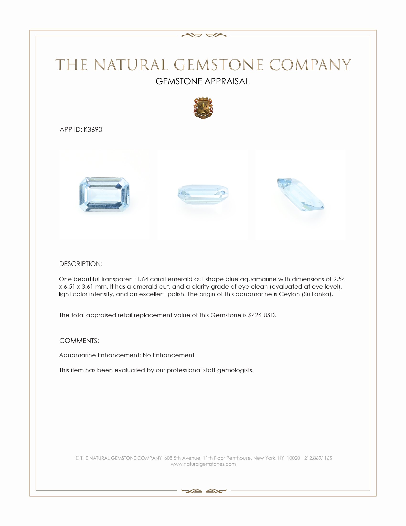 1.64 Ct. Aquamarine from Ceylon (Sri Lanka)