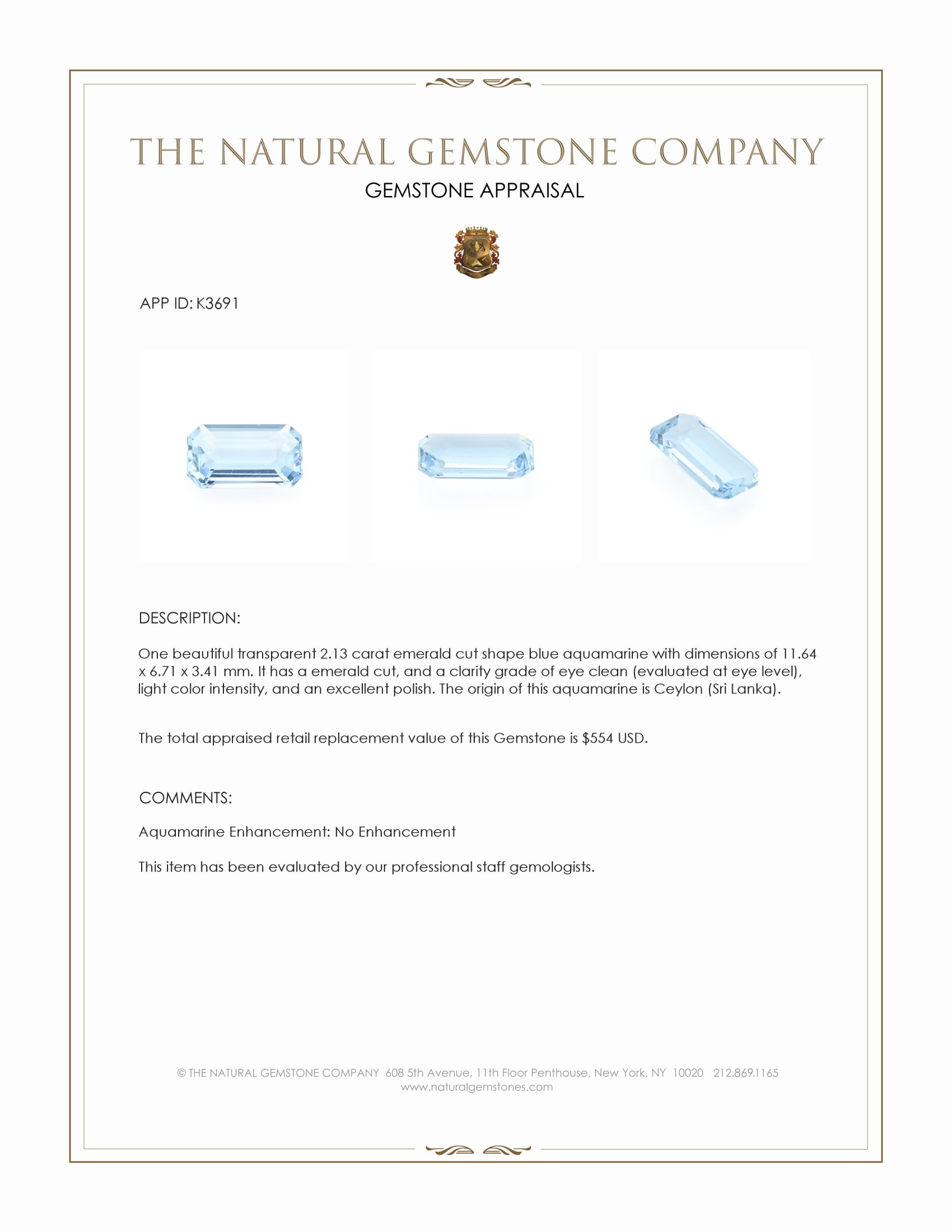 2.13 Ct. Blue Aquamarine from Ceylon (Sri Lanka)