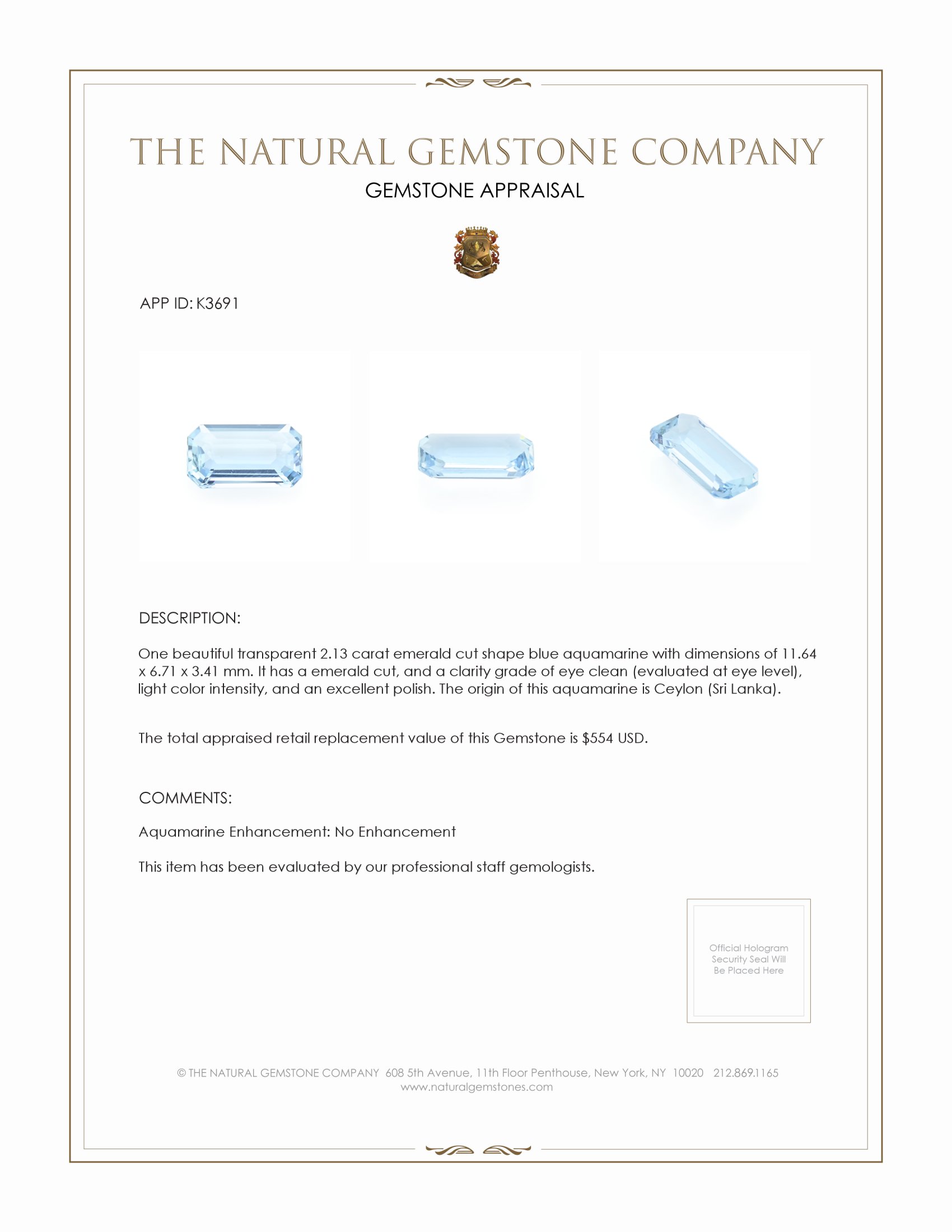 2.13 Ct. Aquamarine from Ceylon (Sri Lanka)