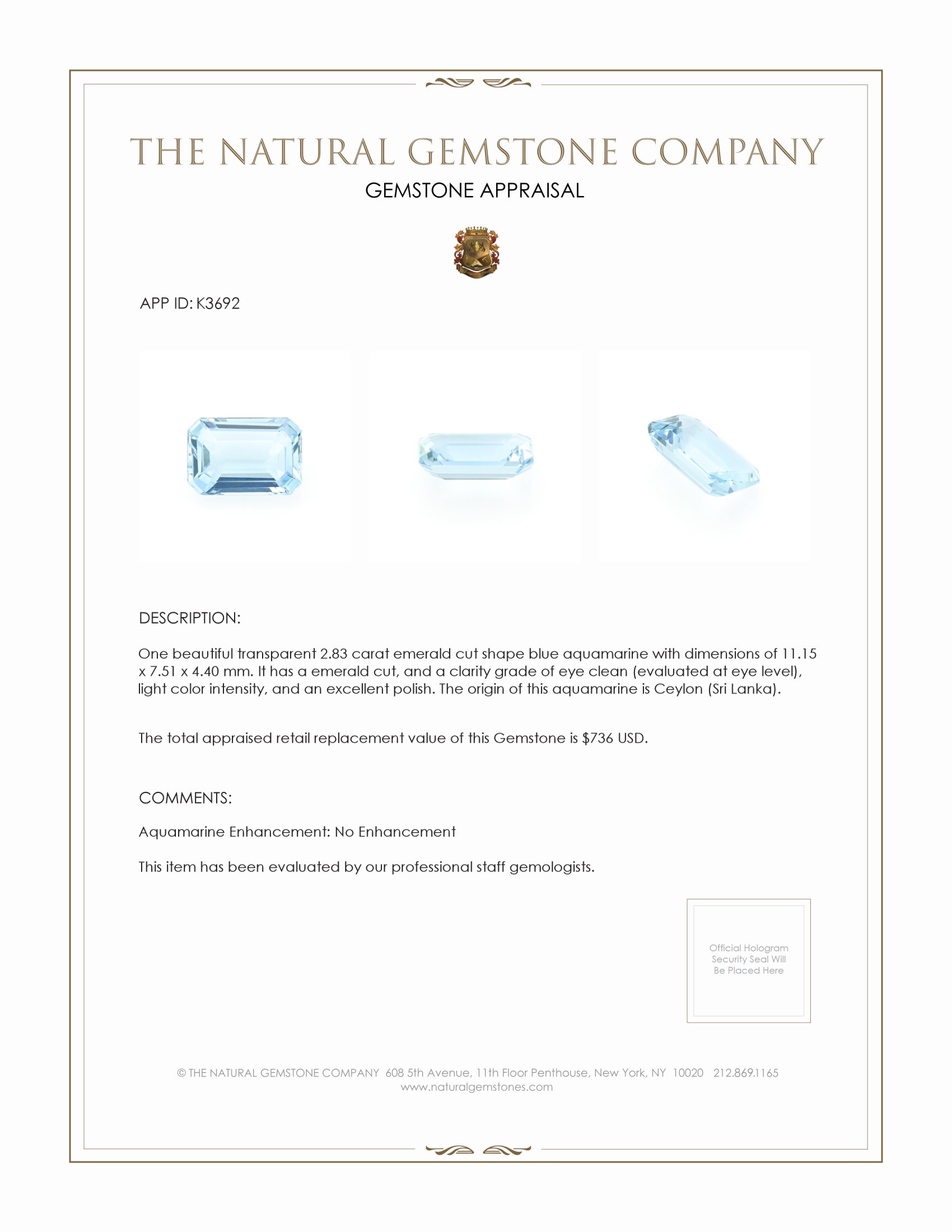 2.83 Ct. Aquamarine from Ceylon (Sri Lanka)