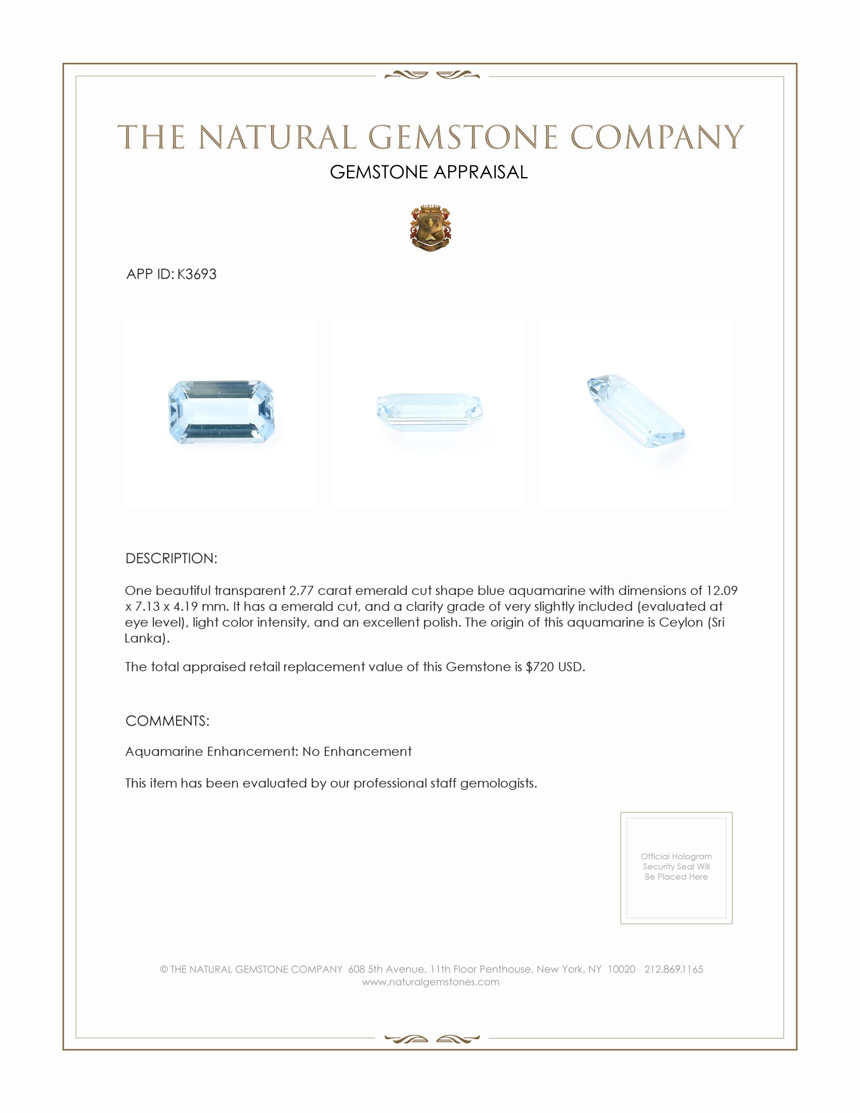 2.77 Ct. Aquamarine from Ceylon (Sri Lanka)