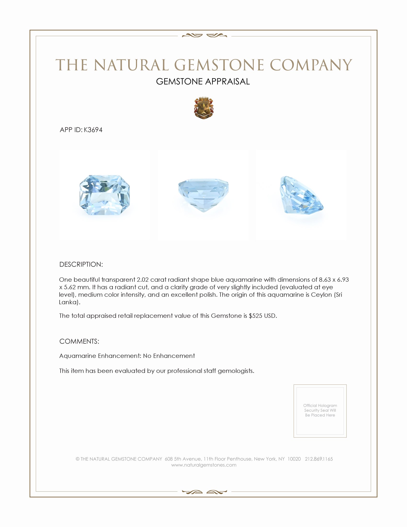 2.02 Ct. Aquamarine from Ceylon (Sri Lanka)