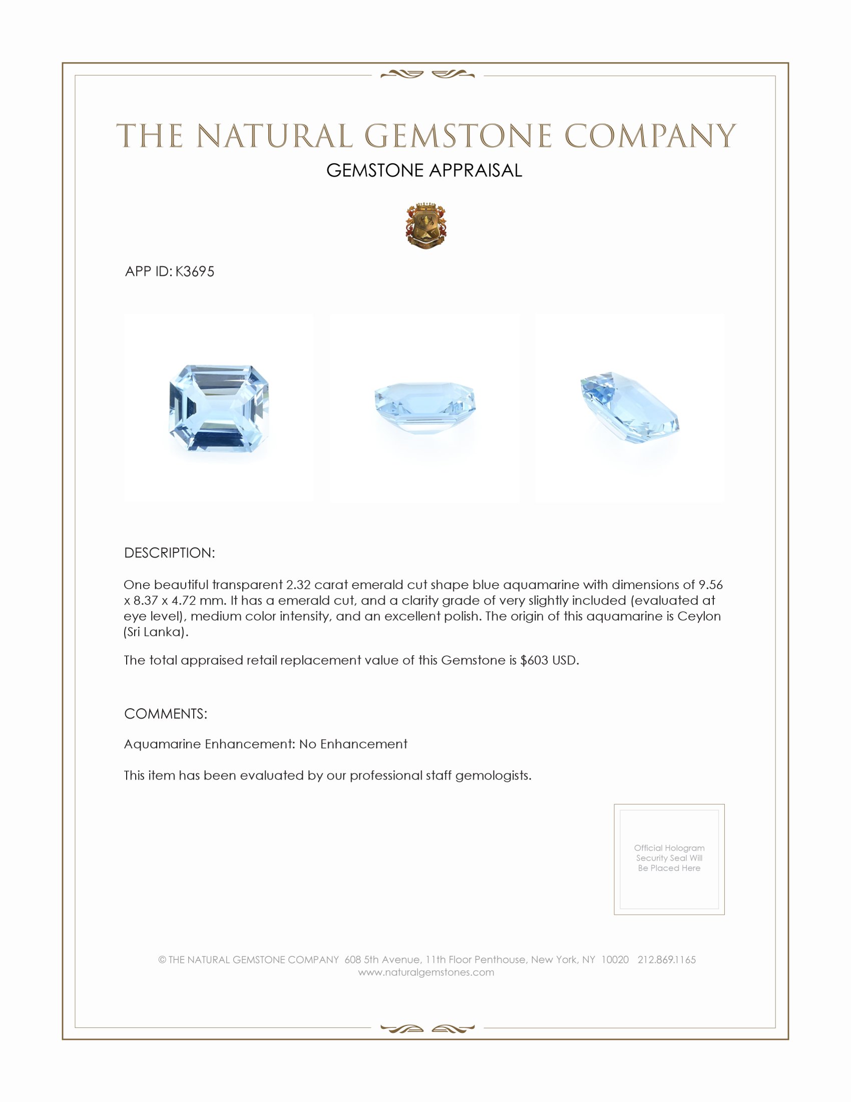 2.32 Ct. Blue Aquamarine from Ceylon (Sri Lanka)