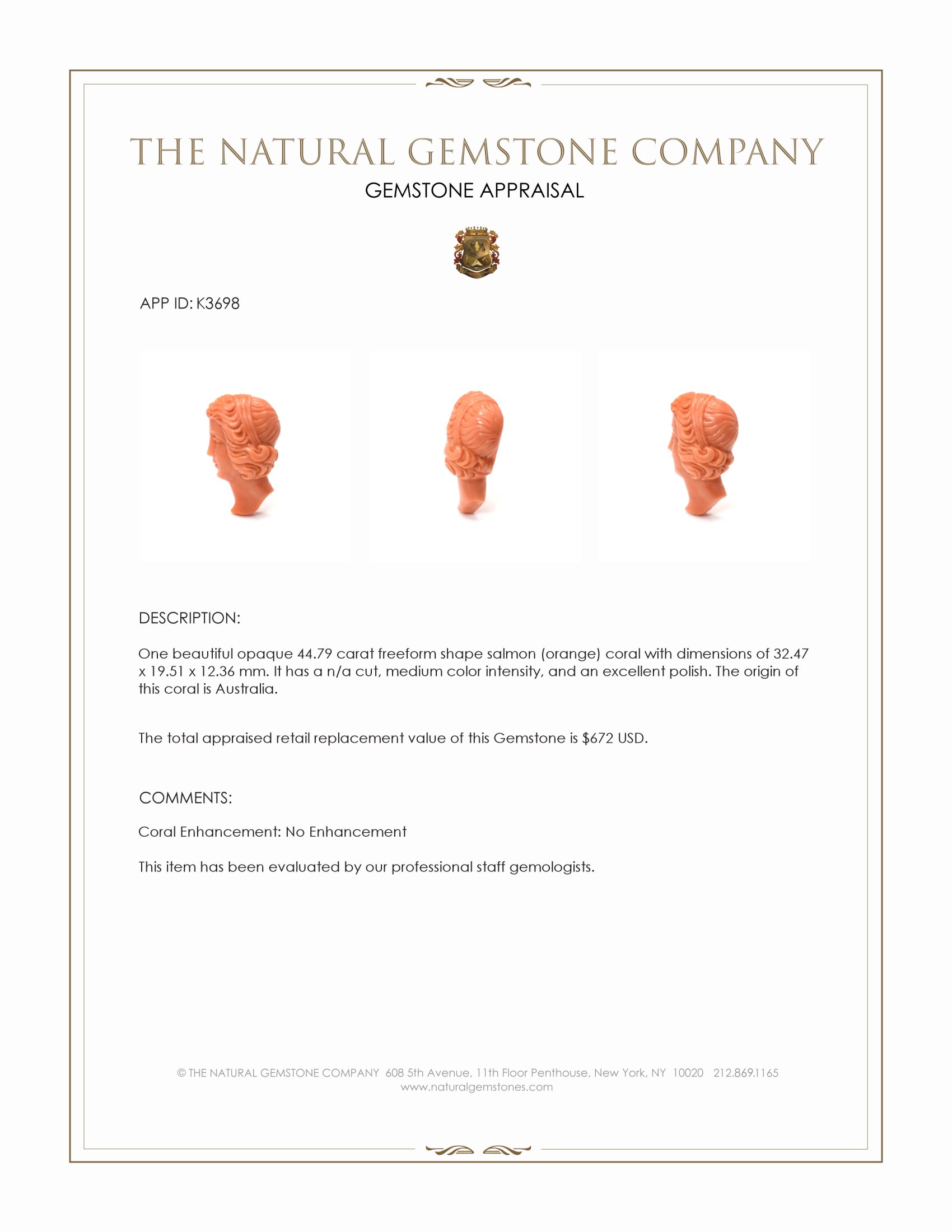 44.79 Ct. Salmon (Orange) Coral from Australia