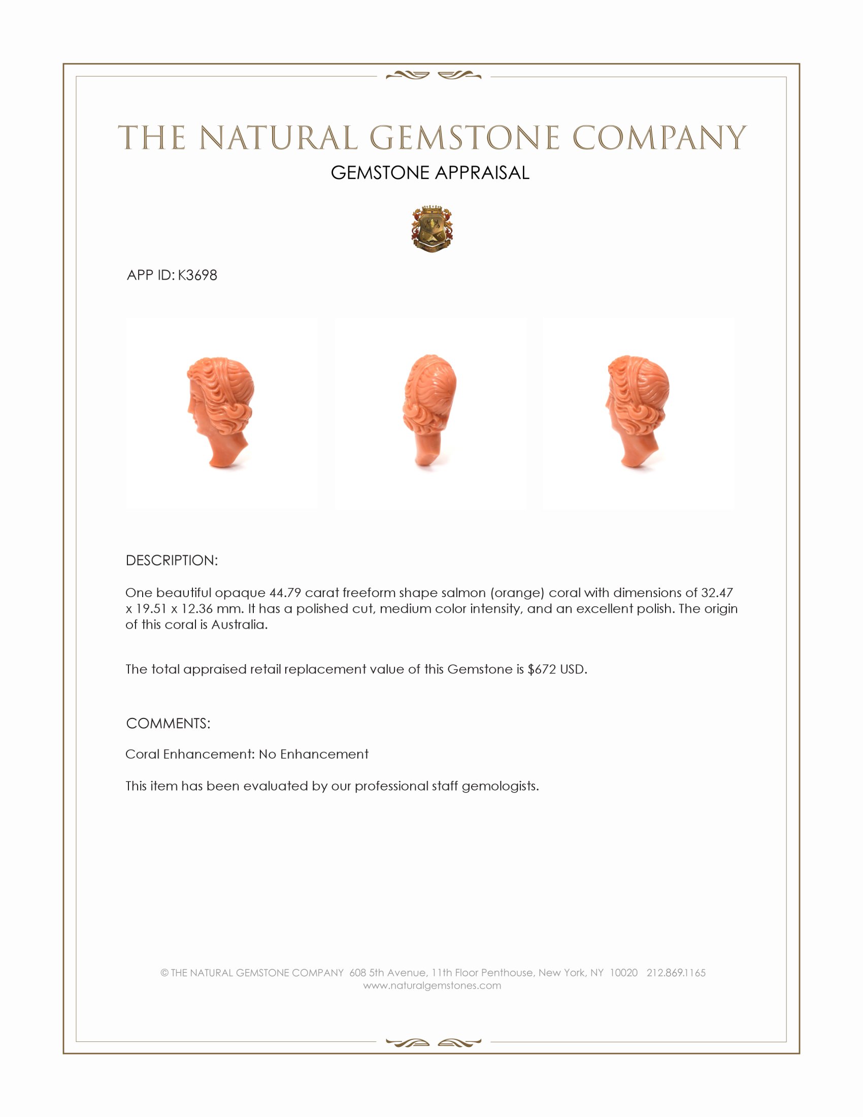44.79 Ct. Salmon (Orange) Coral from Australia