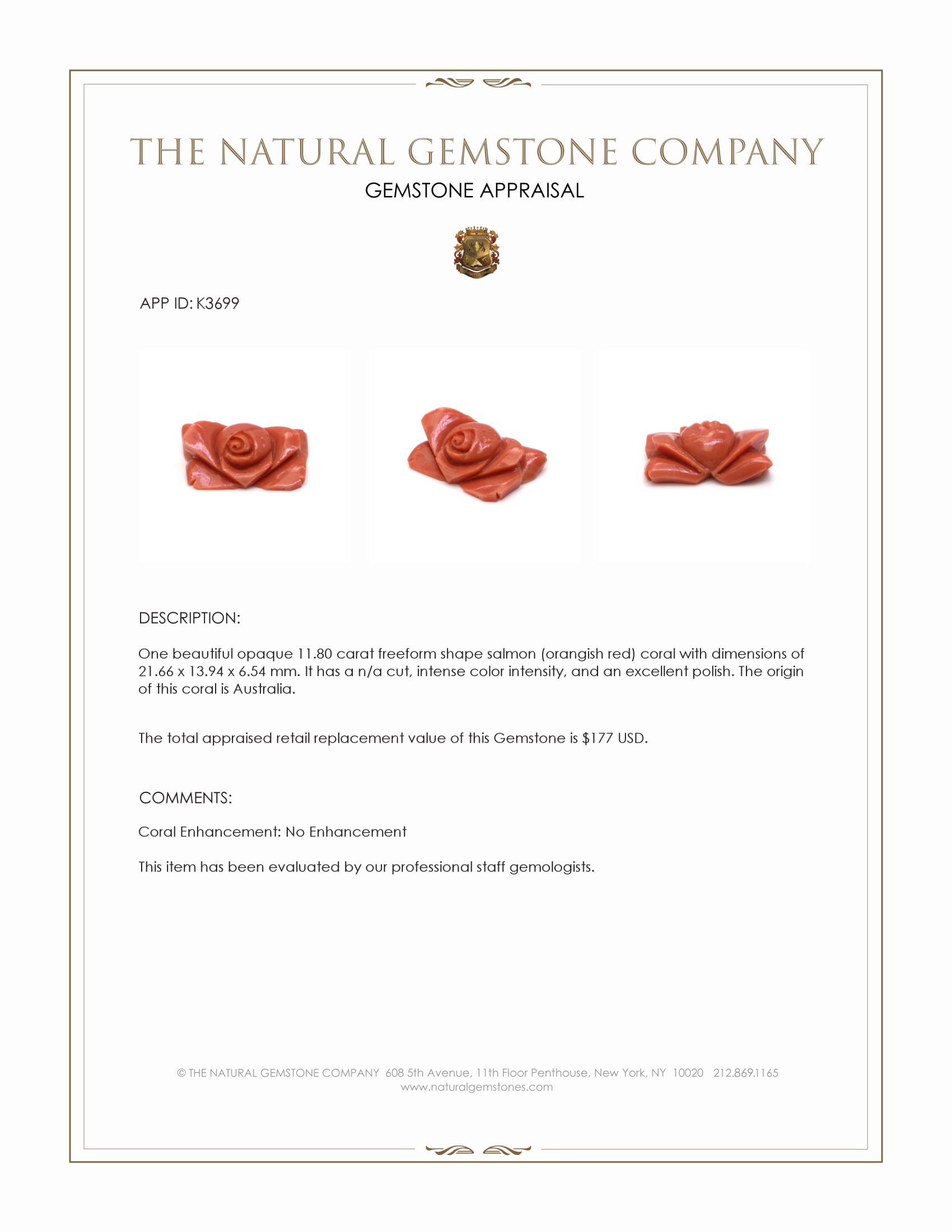 11.80 Ct. Salmon (Orangish Red) Coral from Australia