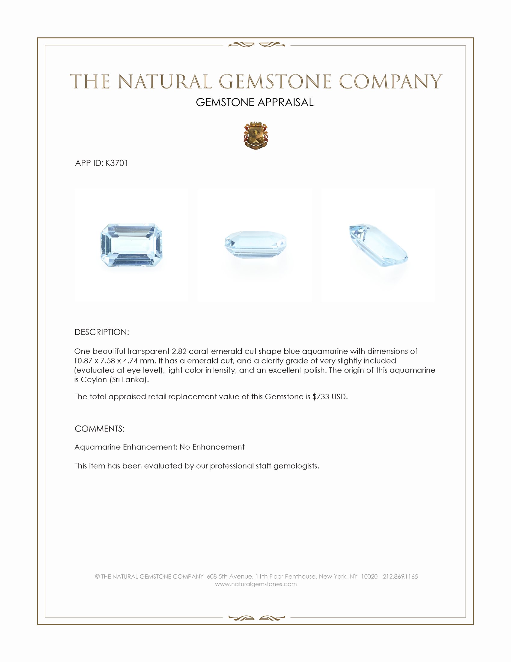 2.82 Ct. Aquamarine from Ceylon (Sri Lanka)