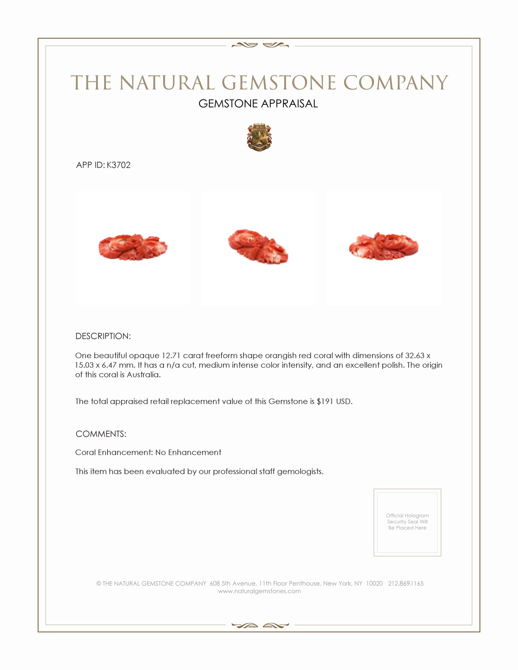 12.71 Ct. Salmon (Orangish Red) Coral from Australia