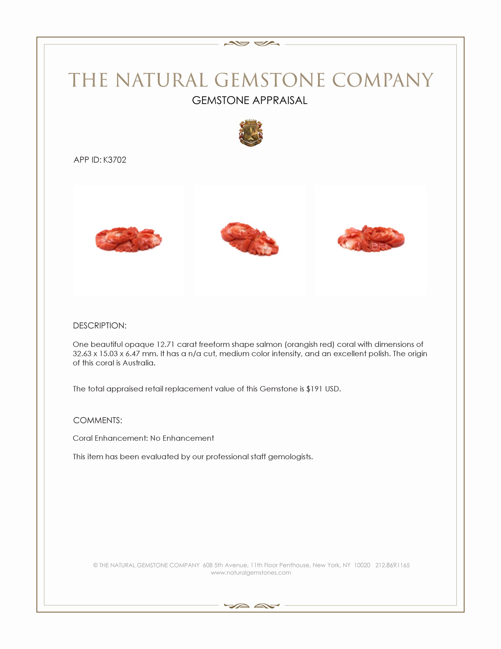 12.71 Ct. Salmon (Orangish Red) Coral from Australia