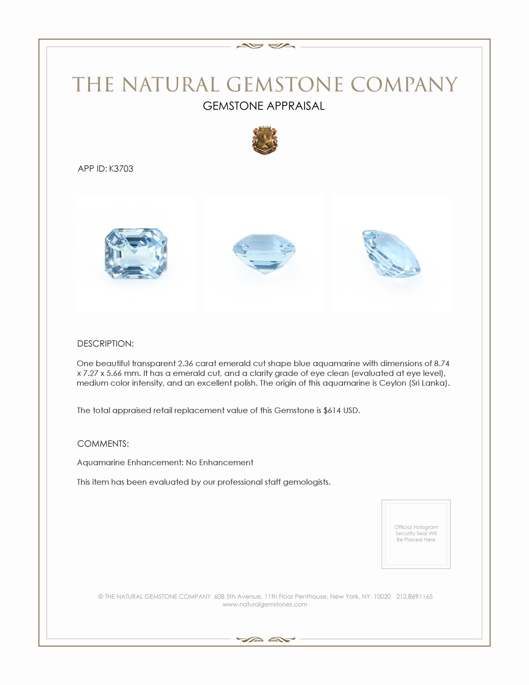 2.36 Ct. Aquamarine from Ceylon (Sri Lanka)