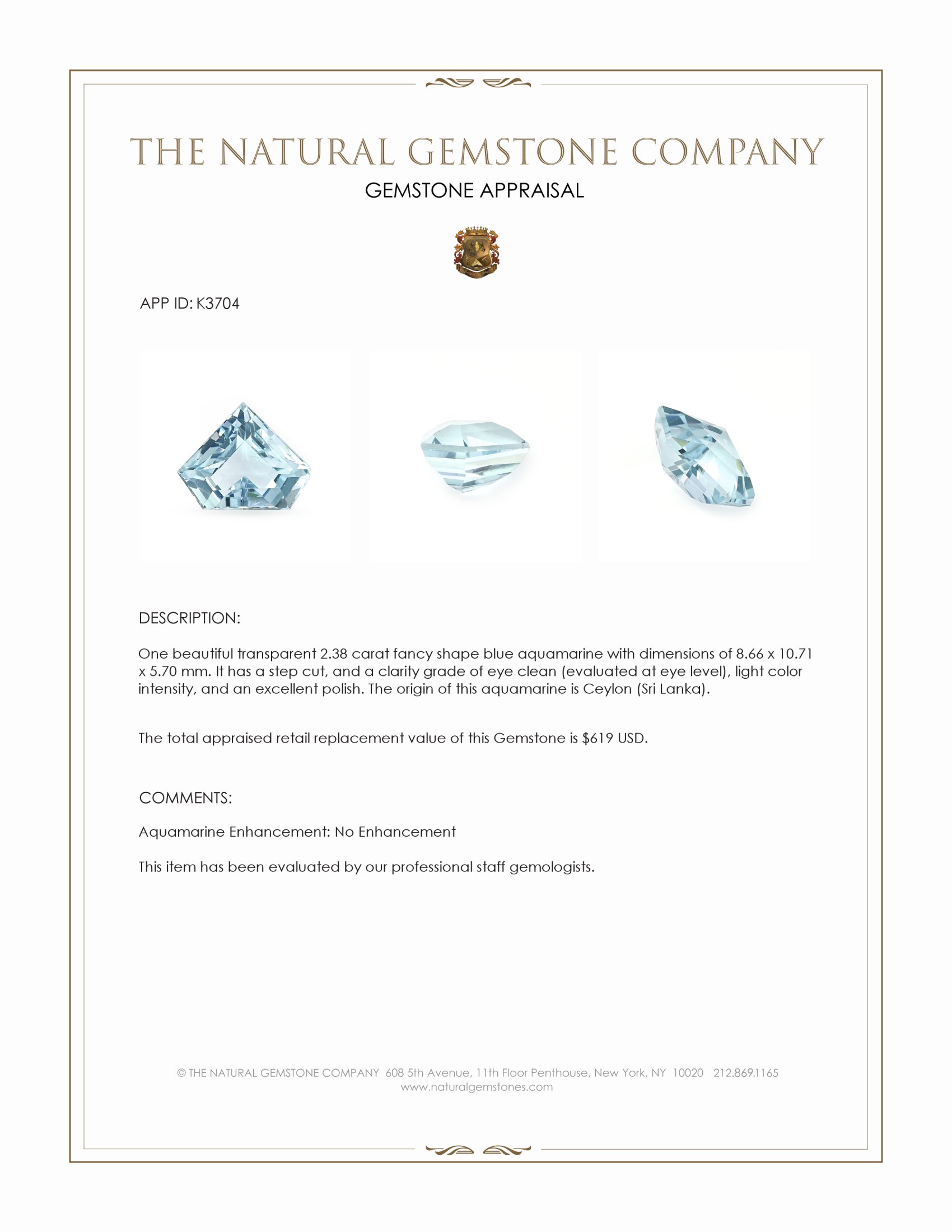 2.38 Ct. Blue Aquamarine from Ceylon (Sri Lanka)
