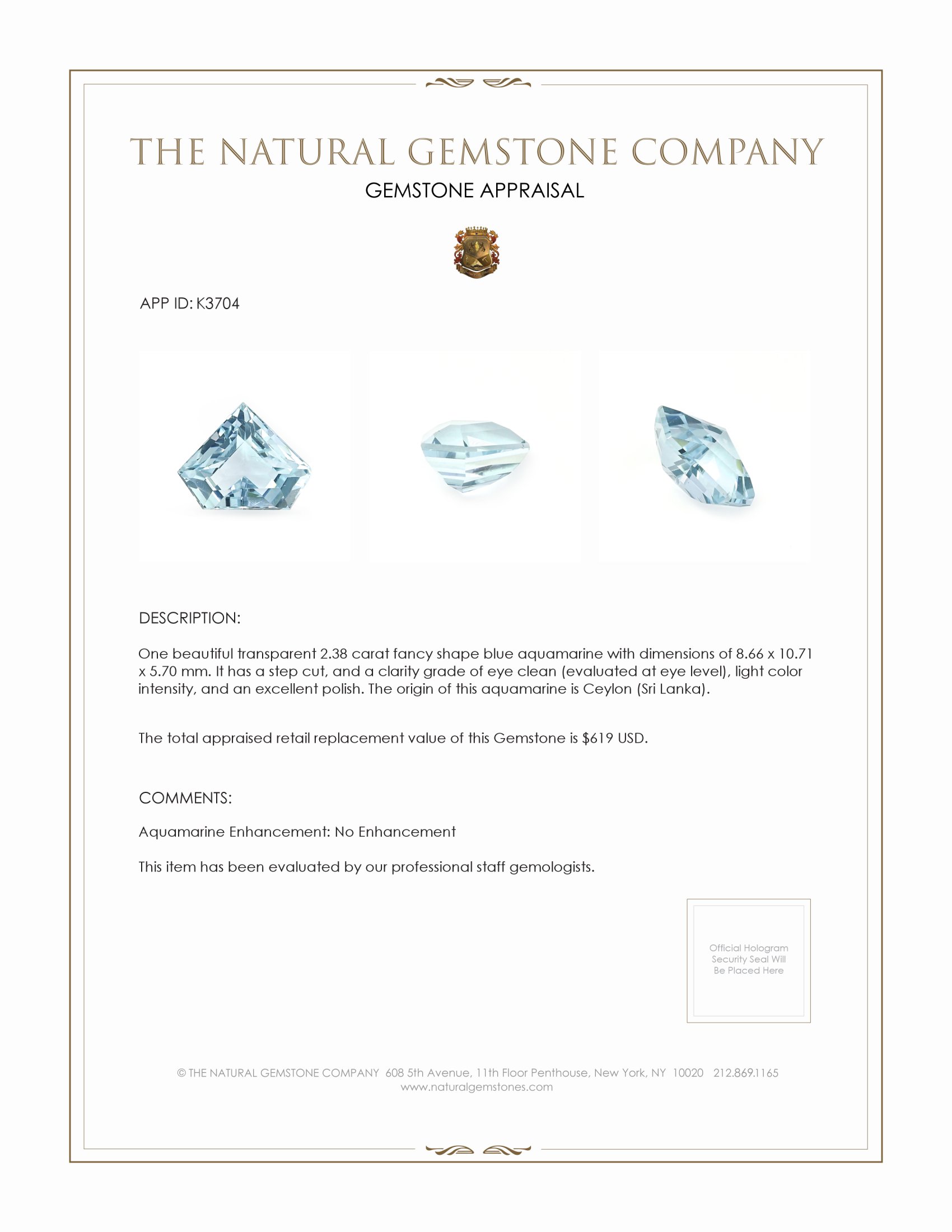 2.38 Ct. Aquamarine from Ceylon (Sri Lanka)