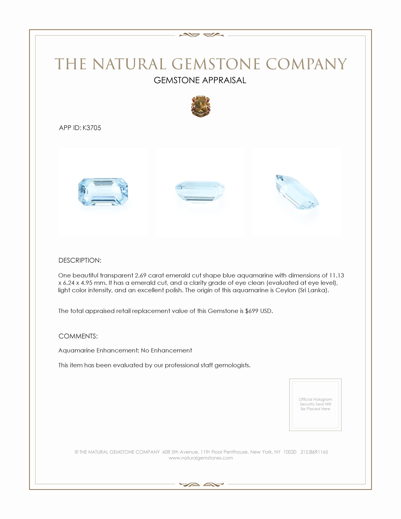 2.69 Ct. Aquamarine from Ceylon (Sri Lanka)