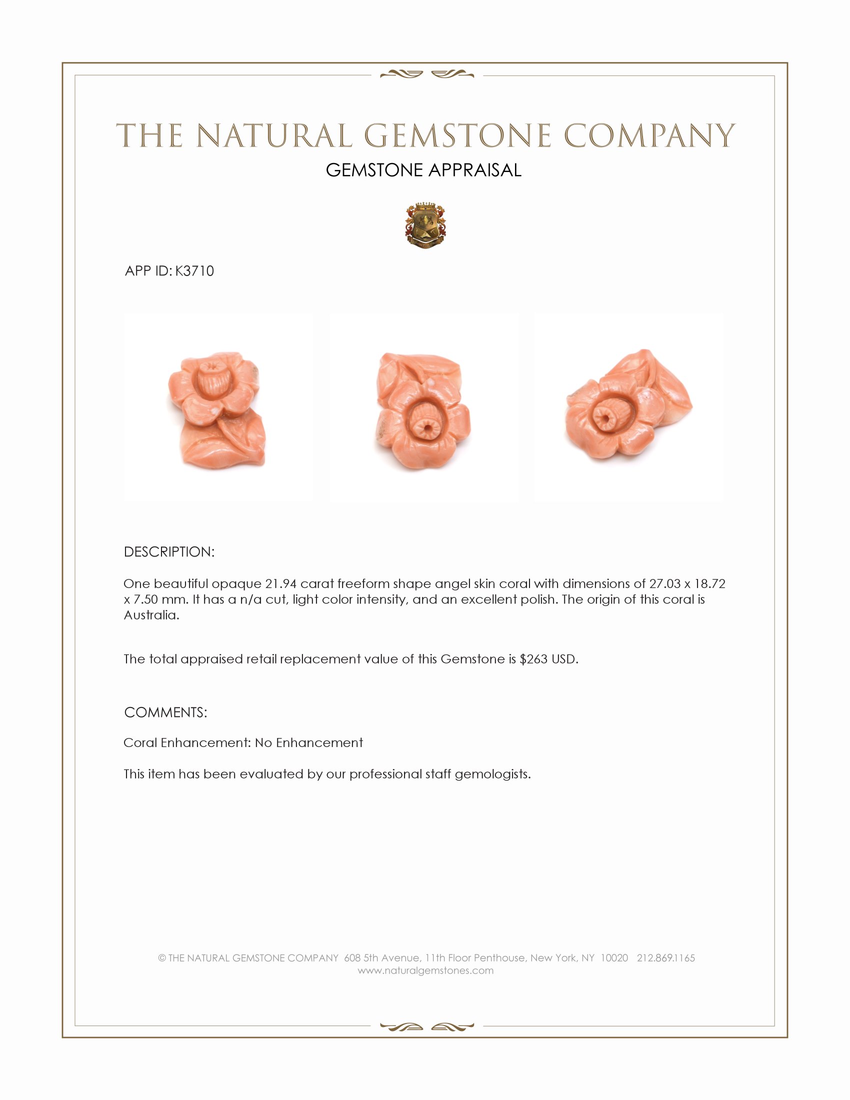 21.94 Ct. Angel Skin (Peach) Coral from Australia