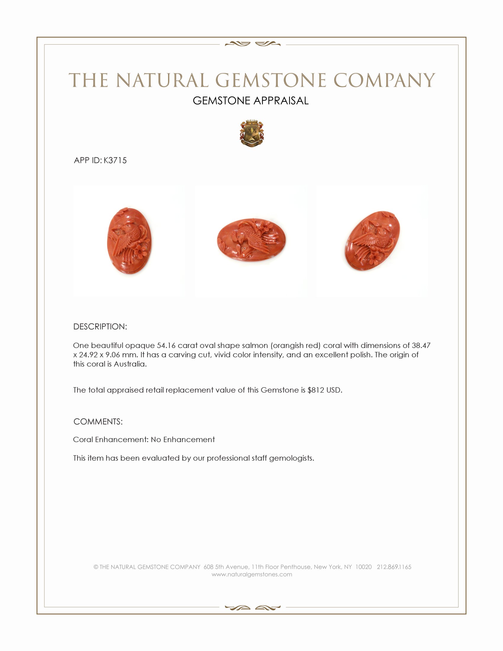 54.16 Ct. Salmon (Orangish Red) Coral from Australia