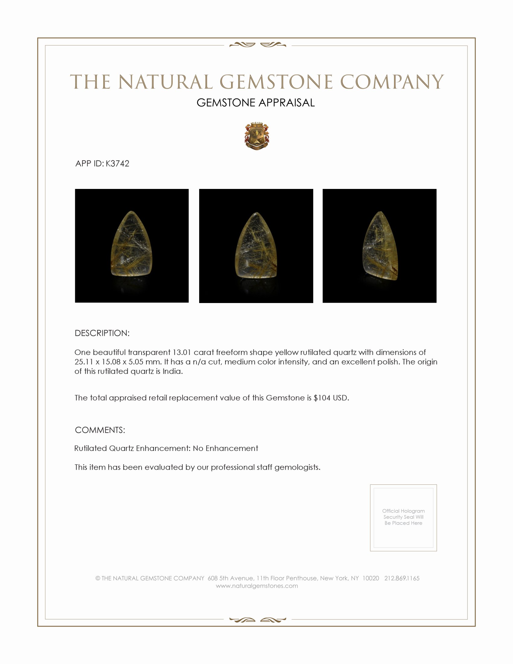 13.01 Ct. Yellow Cabochon Rutilated Quartz from India