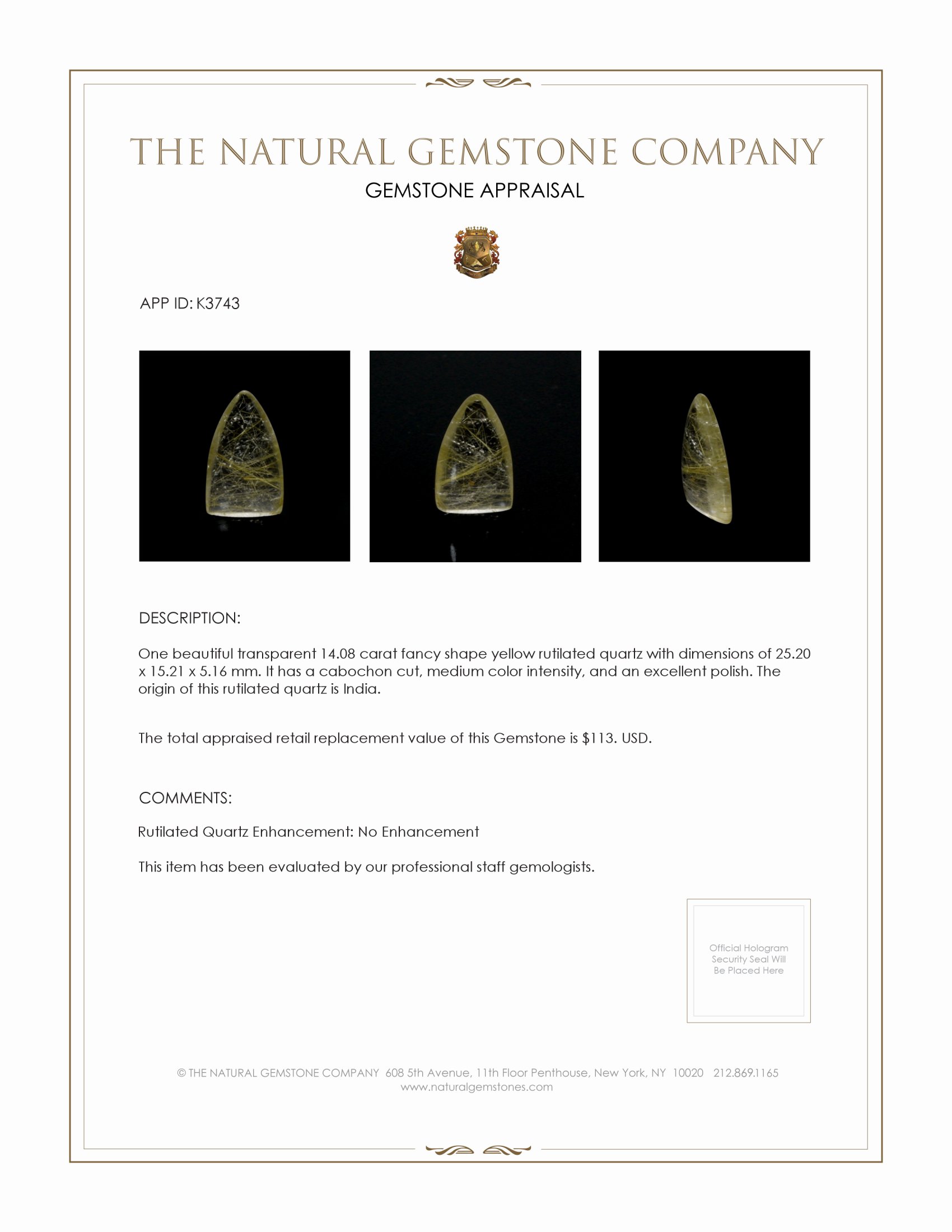 14.08 Ct. Cabochon Rutilated Quartz from India