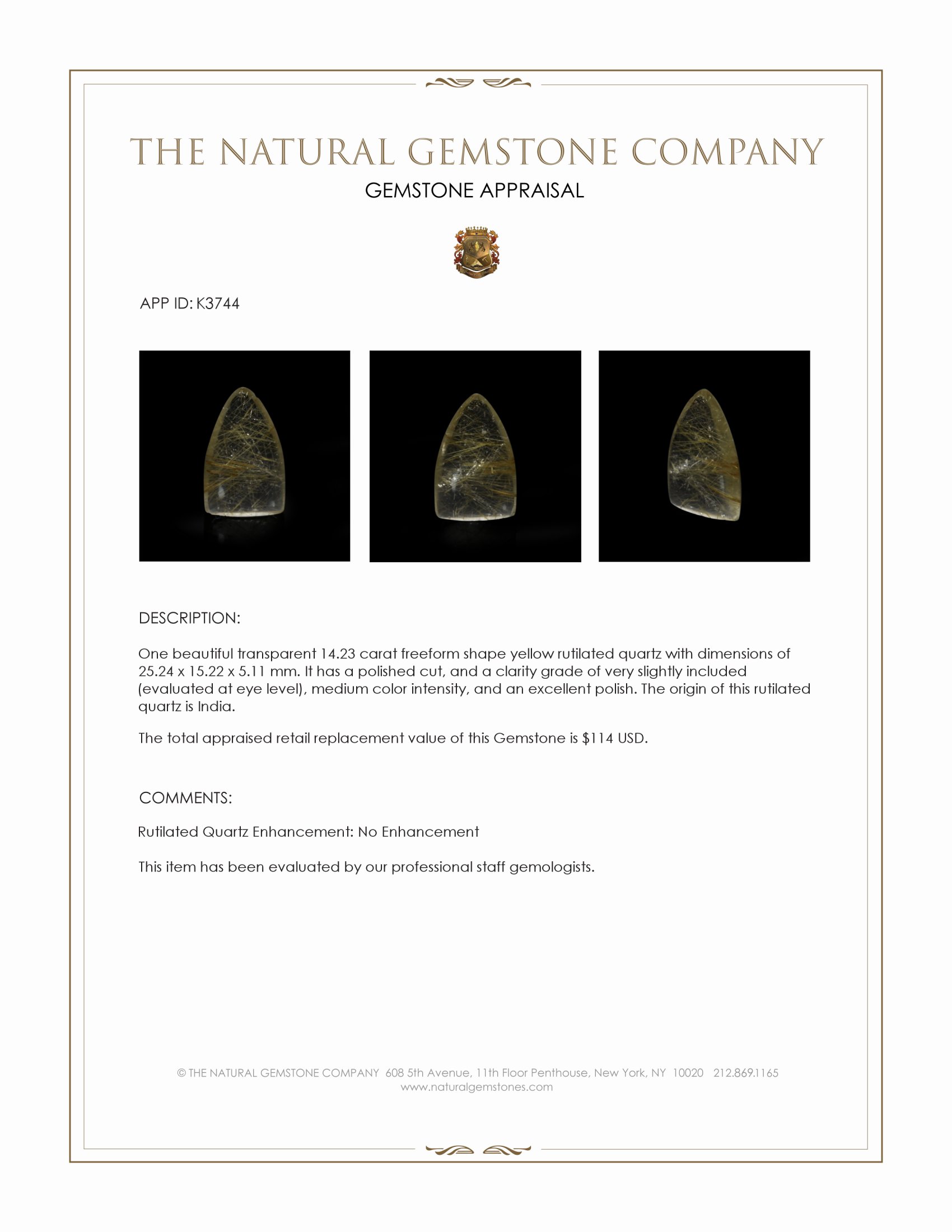 14.23 Ct. Yellow Cabochon Rutilated Quartz from India