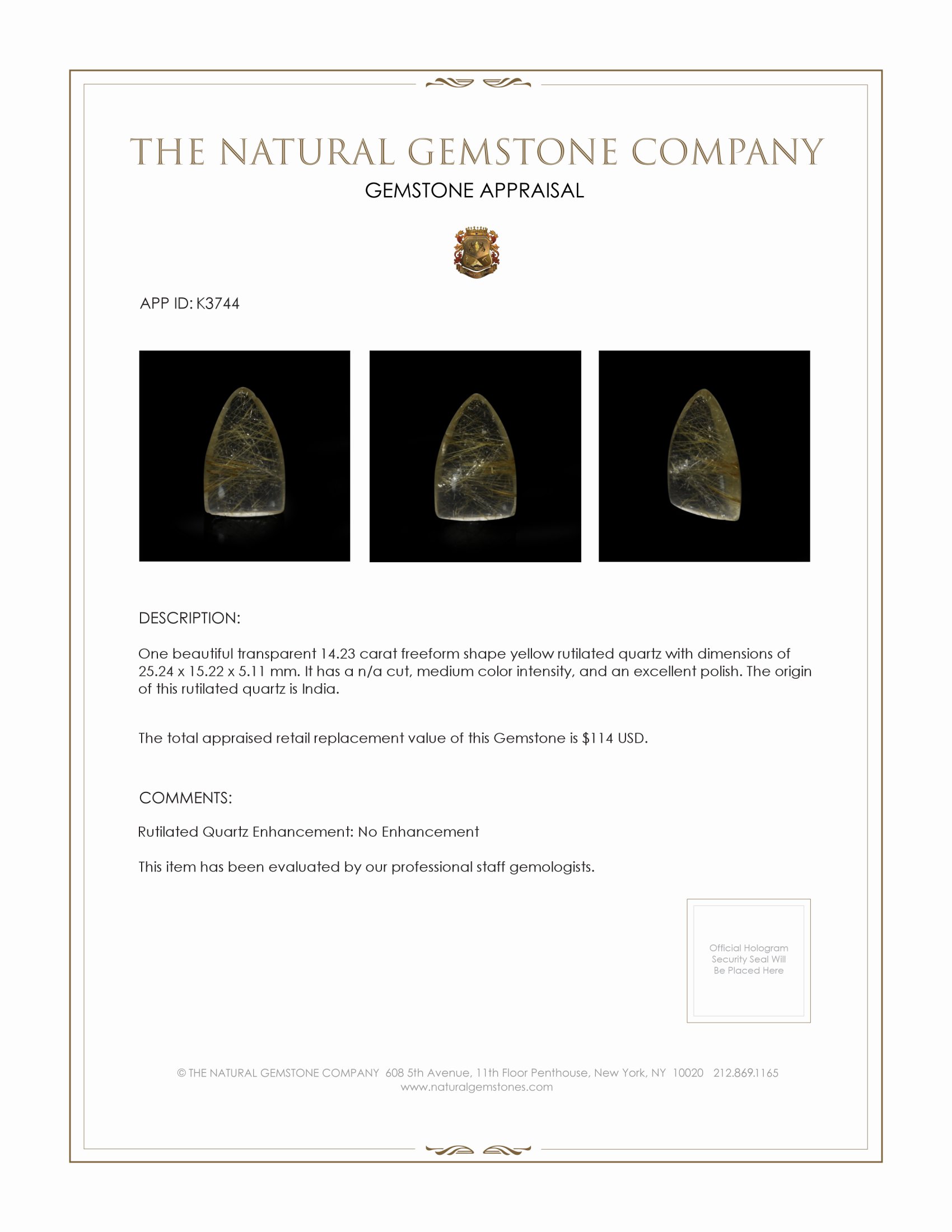 14.23 Ct. Cabochon Rutilated Quartz from India