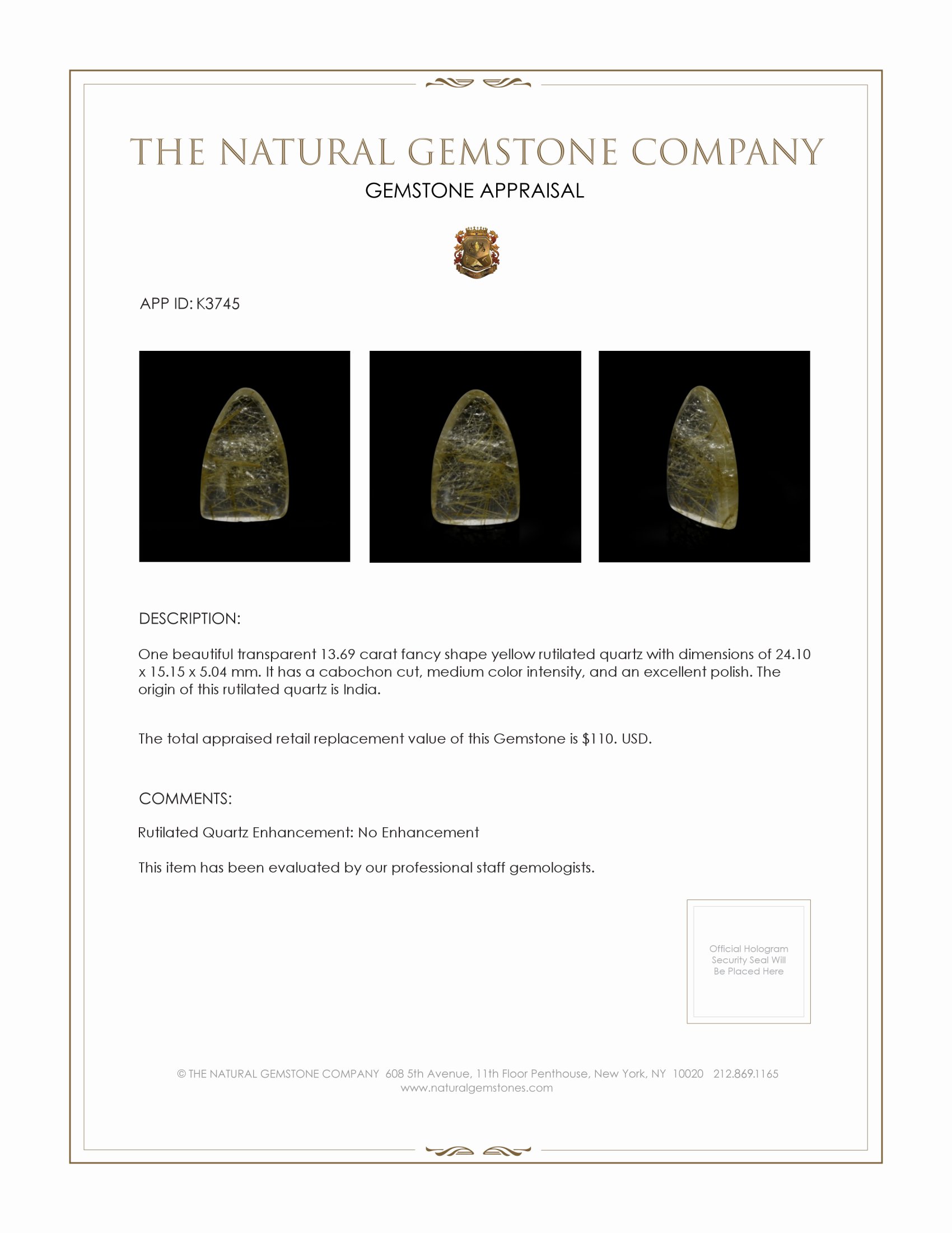 13.69 Ct. Cabochon Rutilated Quartz from India