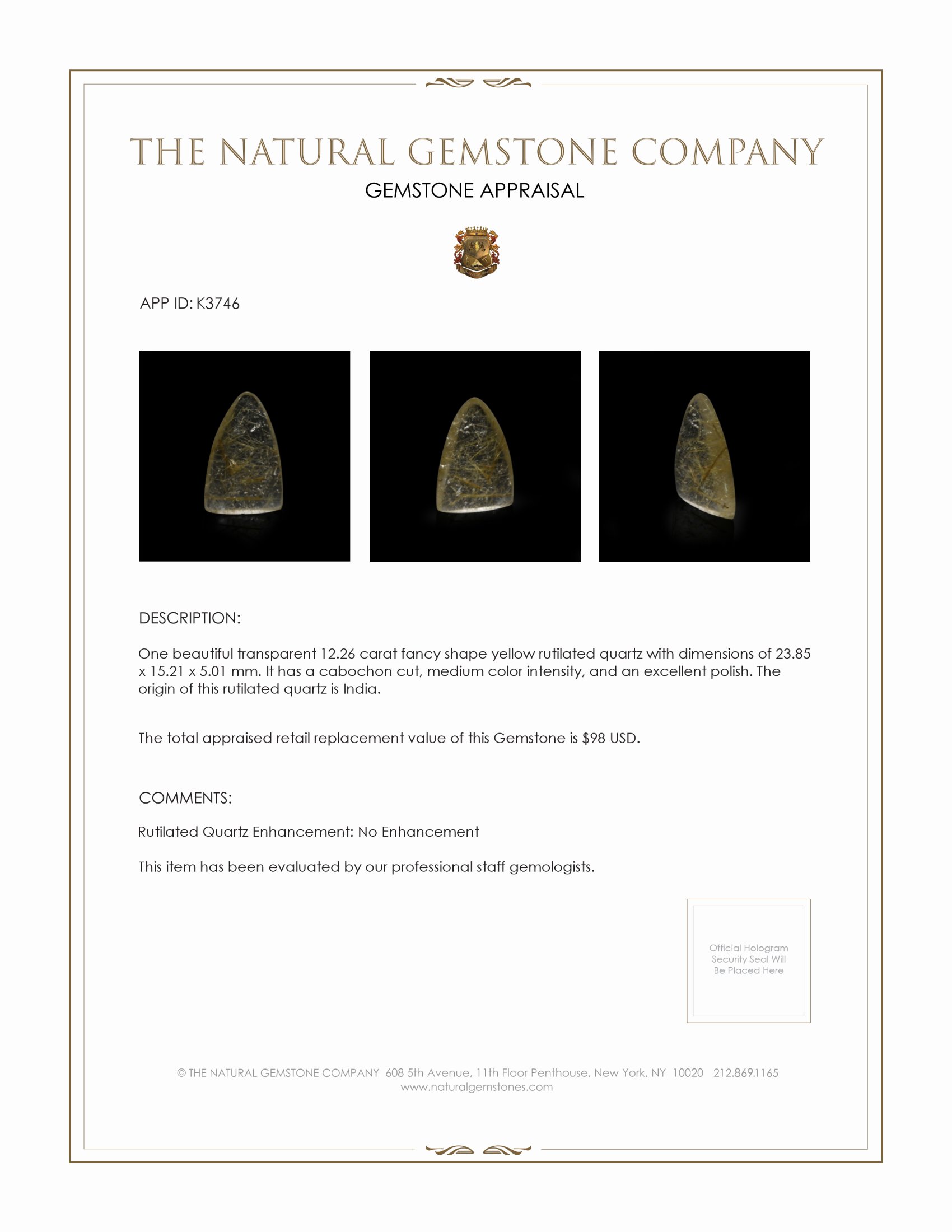 12.26 Ct. Cabochon Rutilated Quartz from India