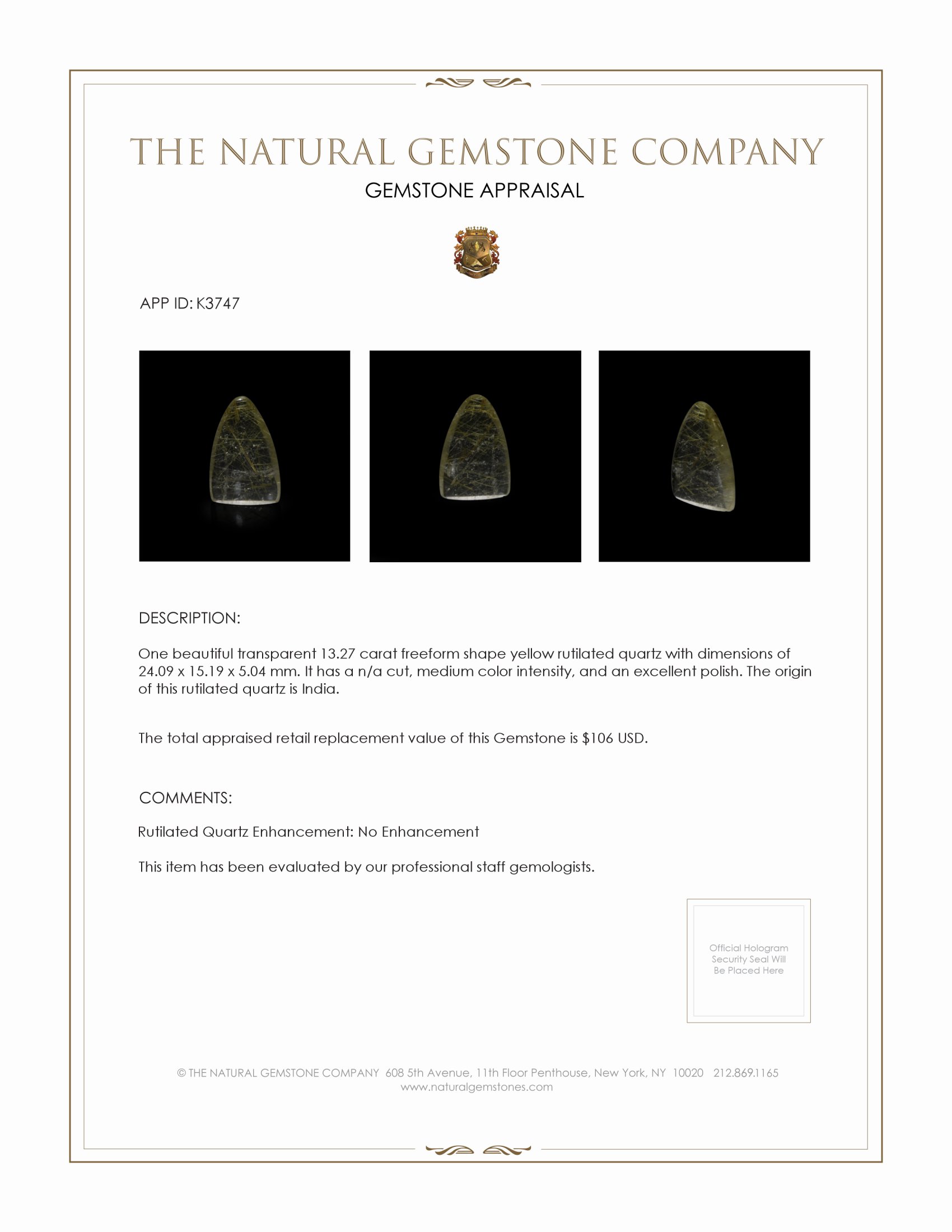 13.27 Ct. Yellow Cabochon Rutilated Quartz from India