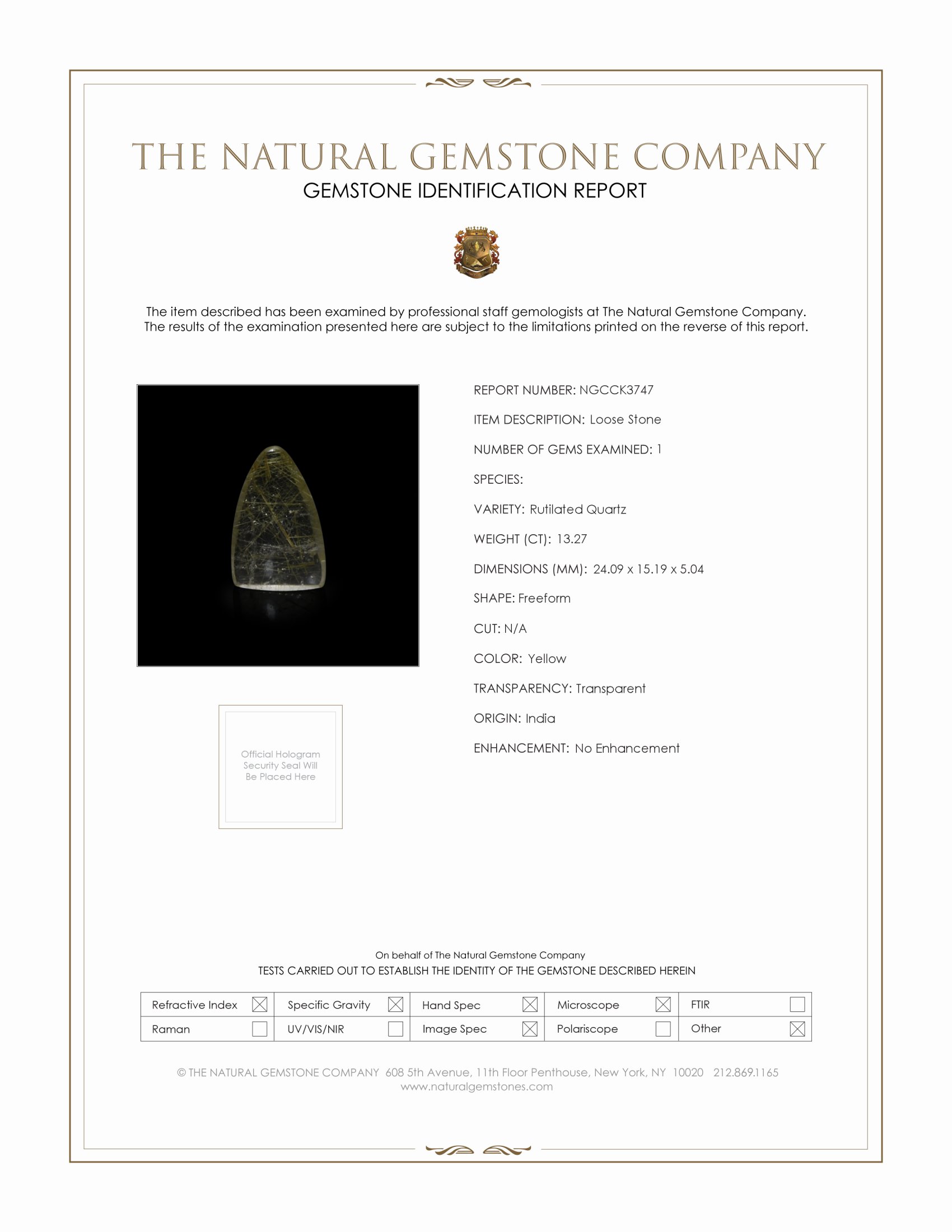 13.27 Ct. Yellow Cabochon Rutilated Quartz from India
