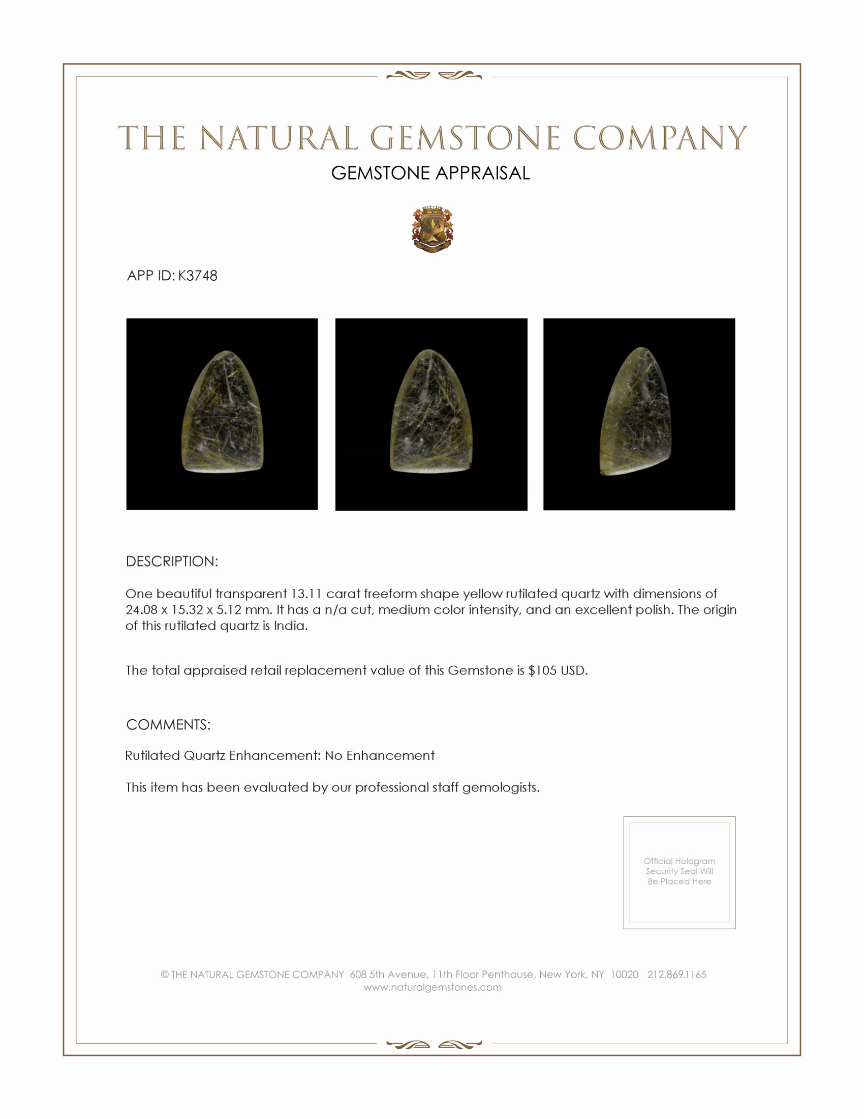 13.11 Ct. Yellow Cabochon Rutilated Quartz from India