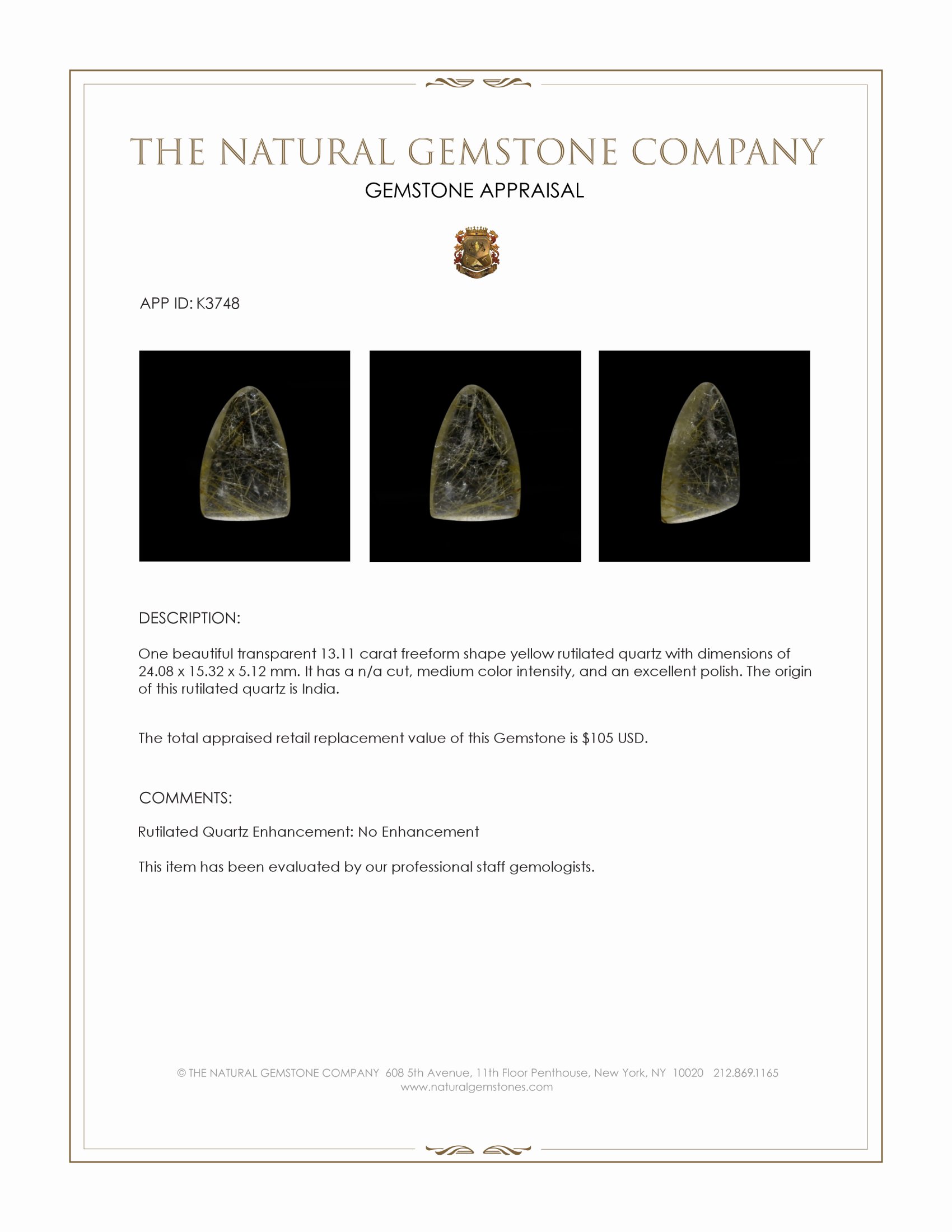 13.11 Ct. Cabochon Rutilated Quartz from India