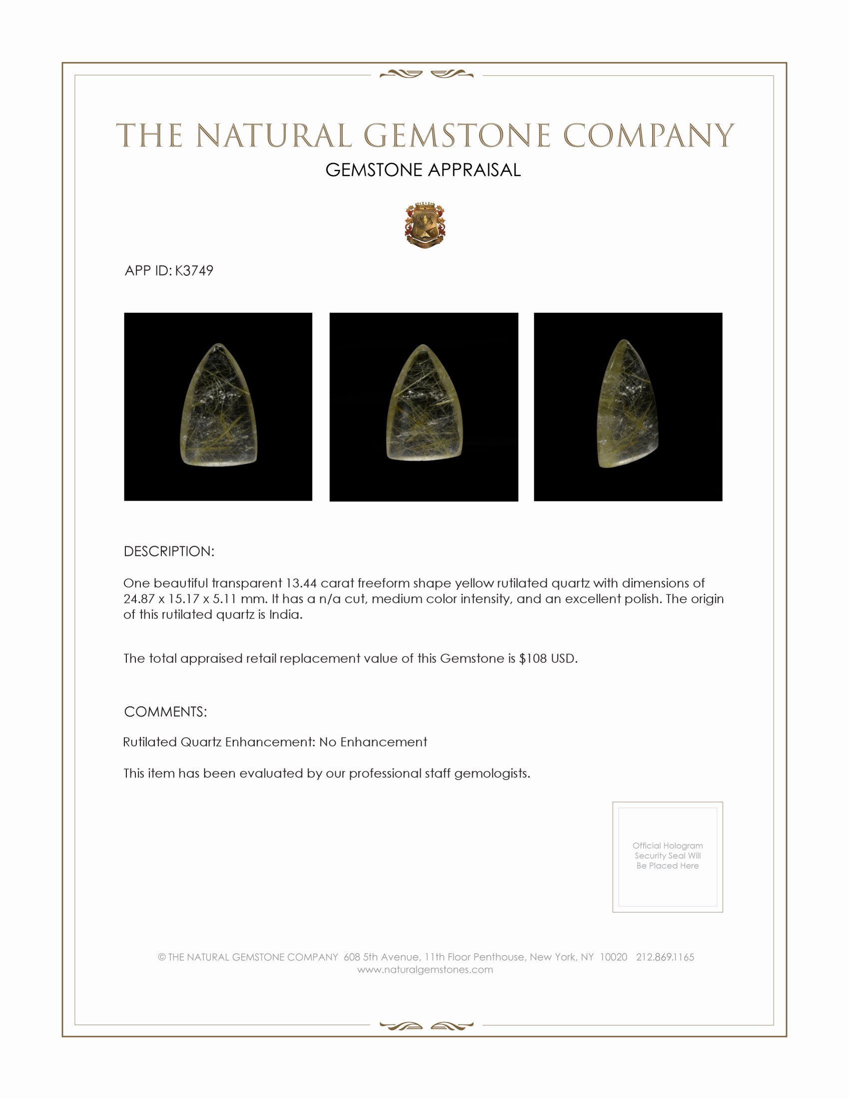 13.44 Ct. Cabochon Rutilated Quartz from India