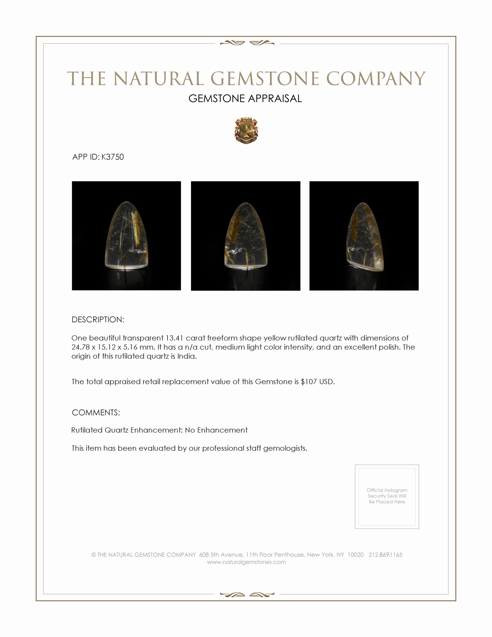 13.41 Ct. Yellow Cabochon Rutilated Quartz from India