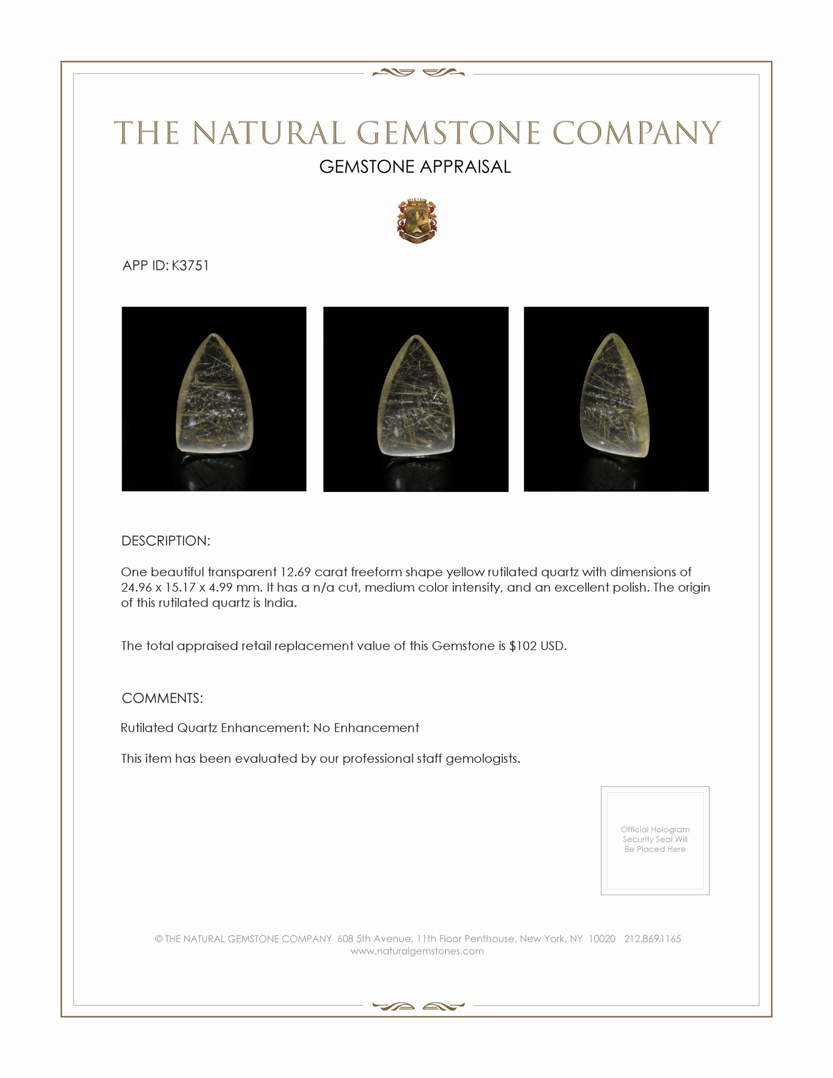 12.69 Ct. Cabochon Rutilated Quartz from India