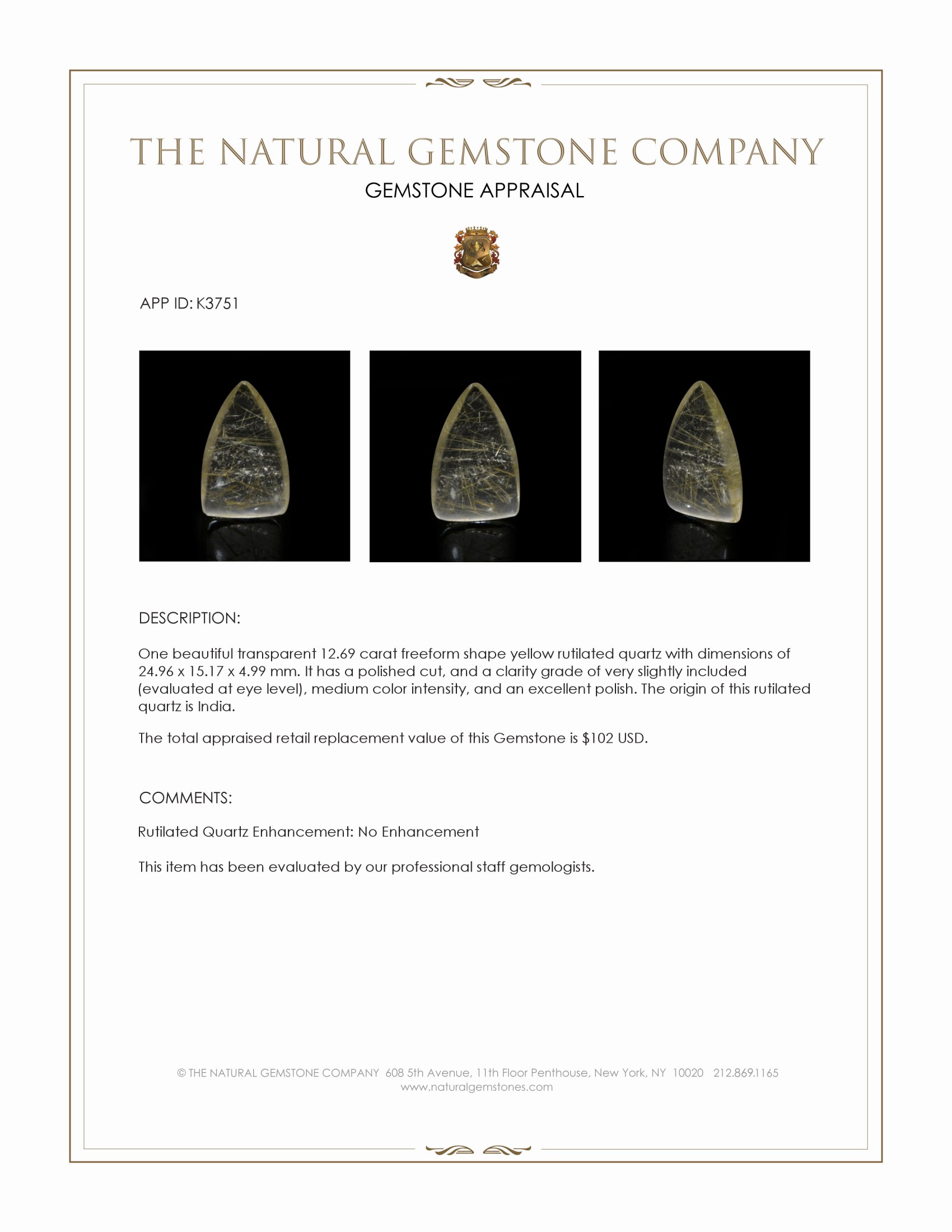 12.69 Ct. Yellow Cabochon Rutilated Quartz from India