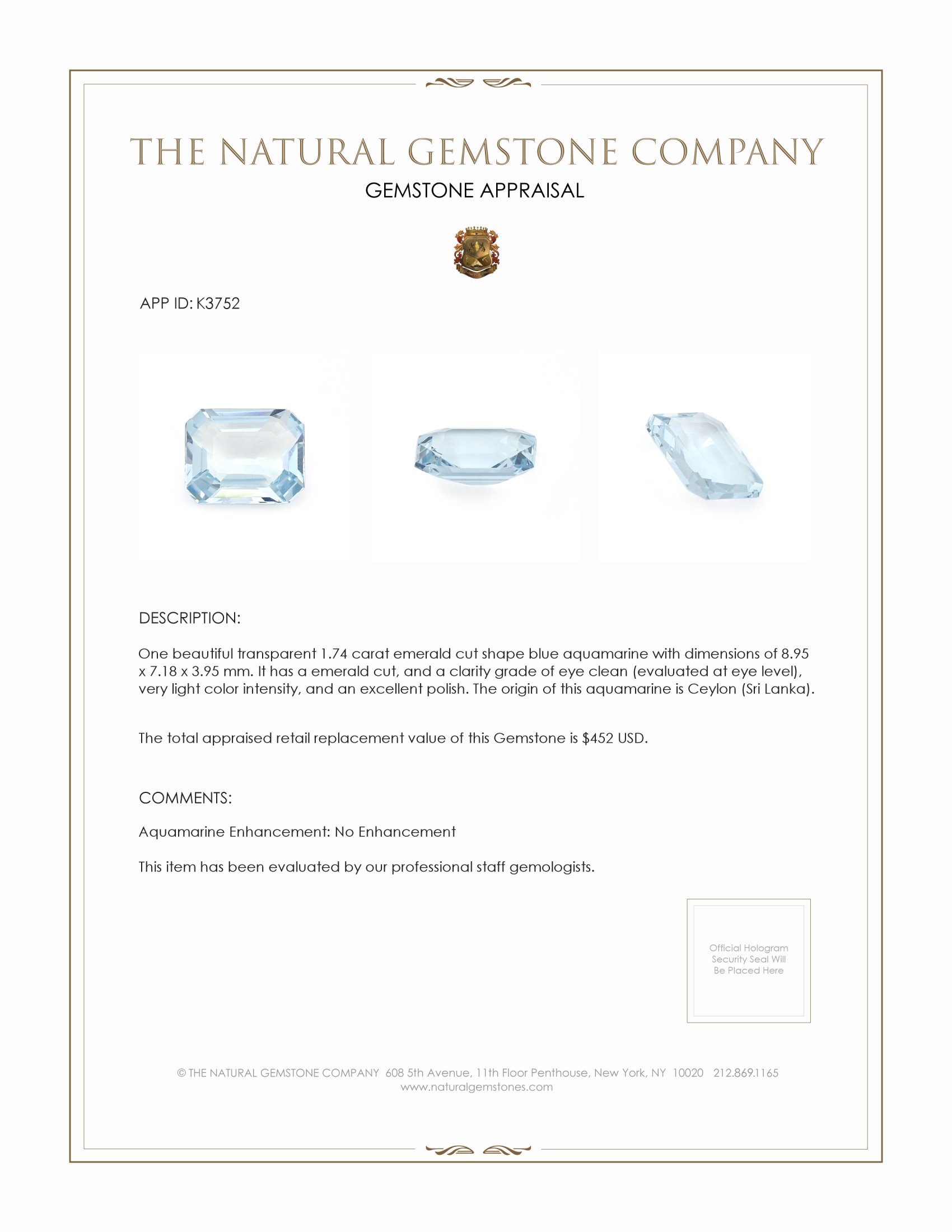 1.74 Ct. Blue Aquamarine from Ceylon (Sri Lanka)