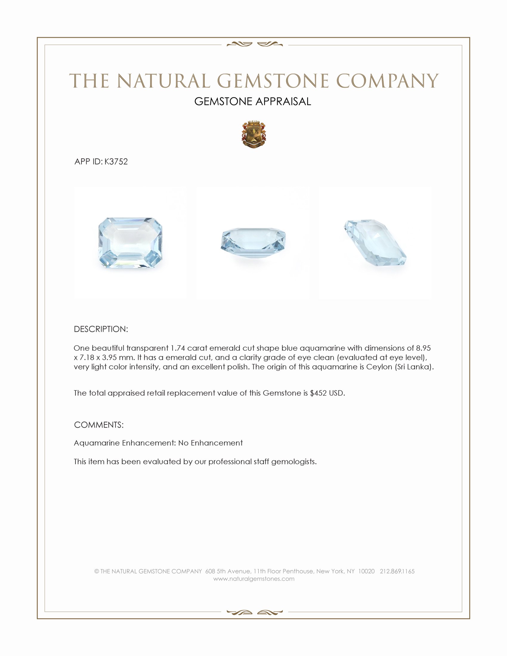 1.74 Ct. Aquamarine from Ceylon (Sri Lanka)