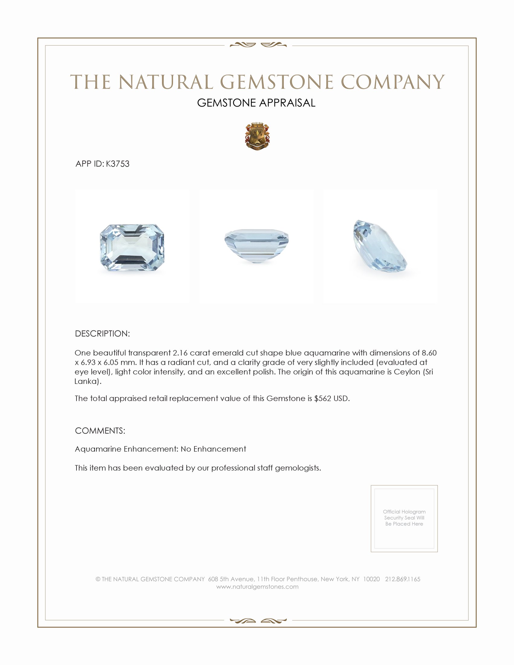 2.16 Ct. Aquamarine from Ceylon (Sri Lanka)