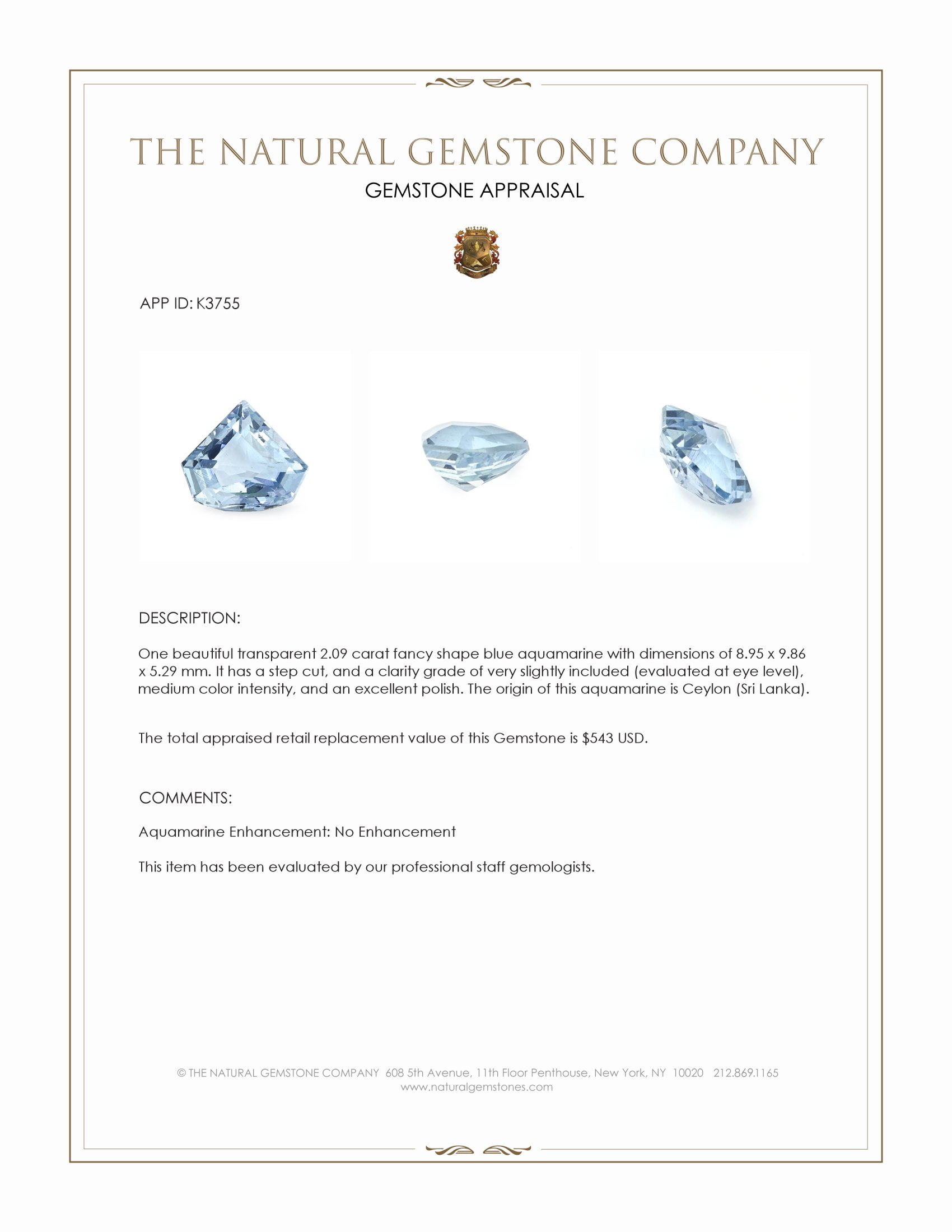 2.09 Ct. Blue Aquamarine from Ceylon (Sri Lanka)