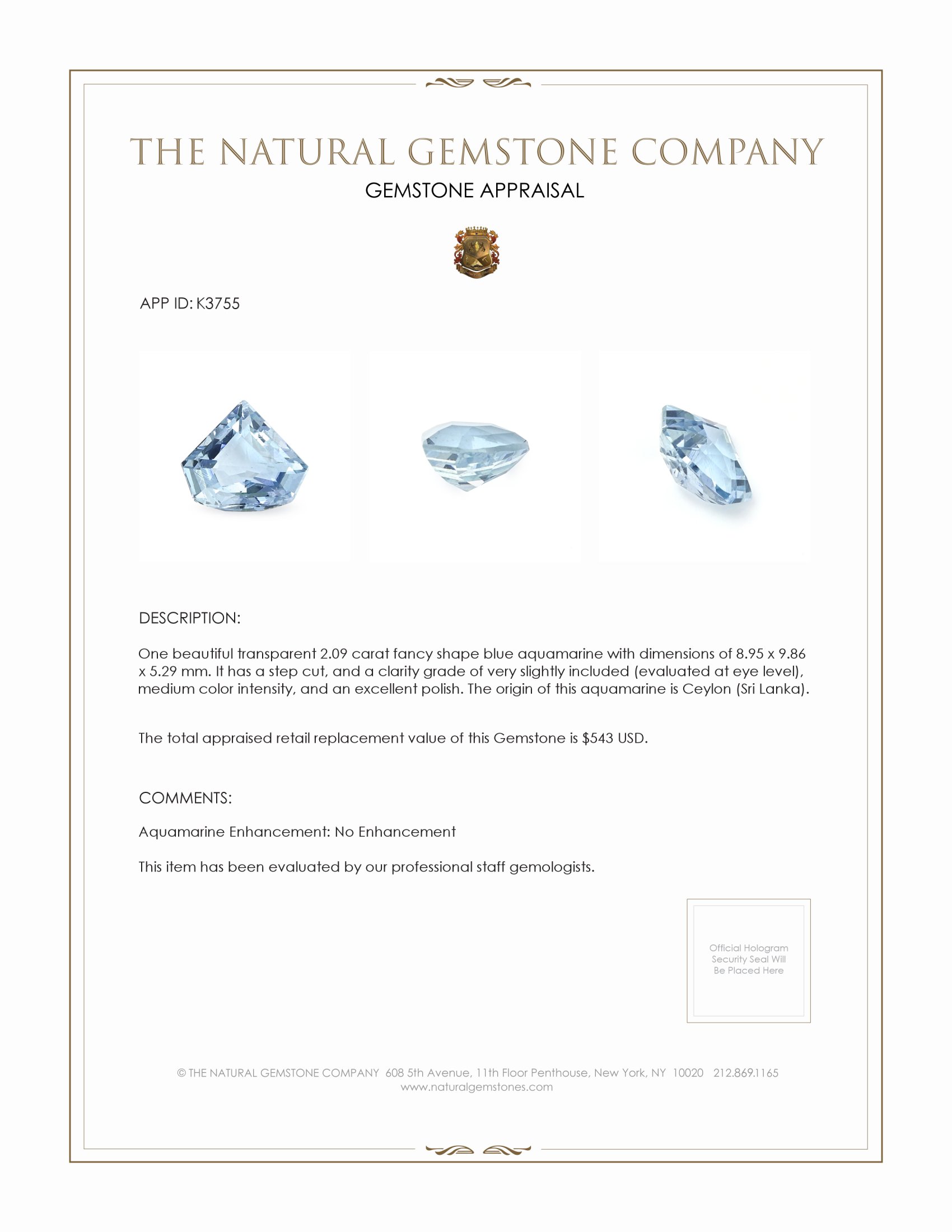 2.09 Ct. Aquamarine from Ceylon (Sri Lanka)