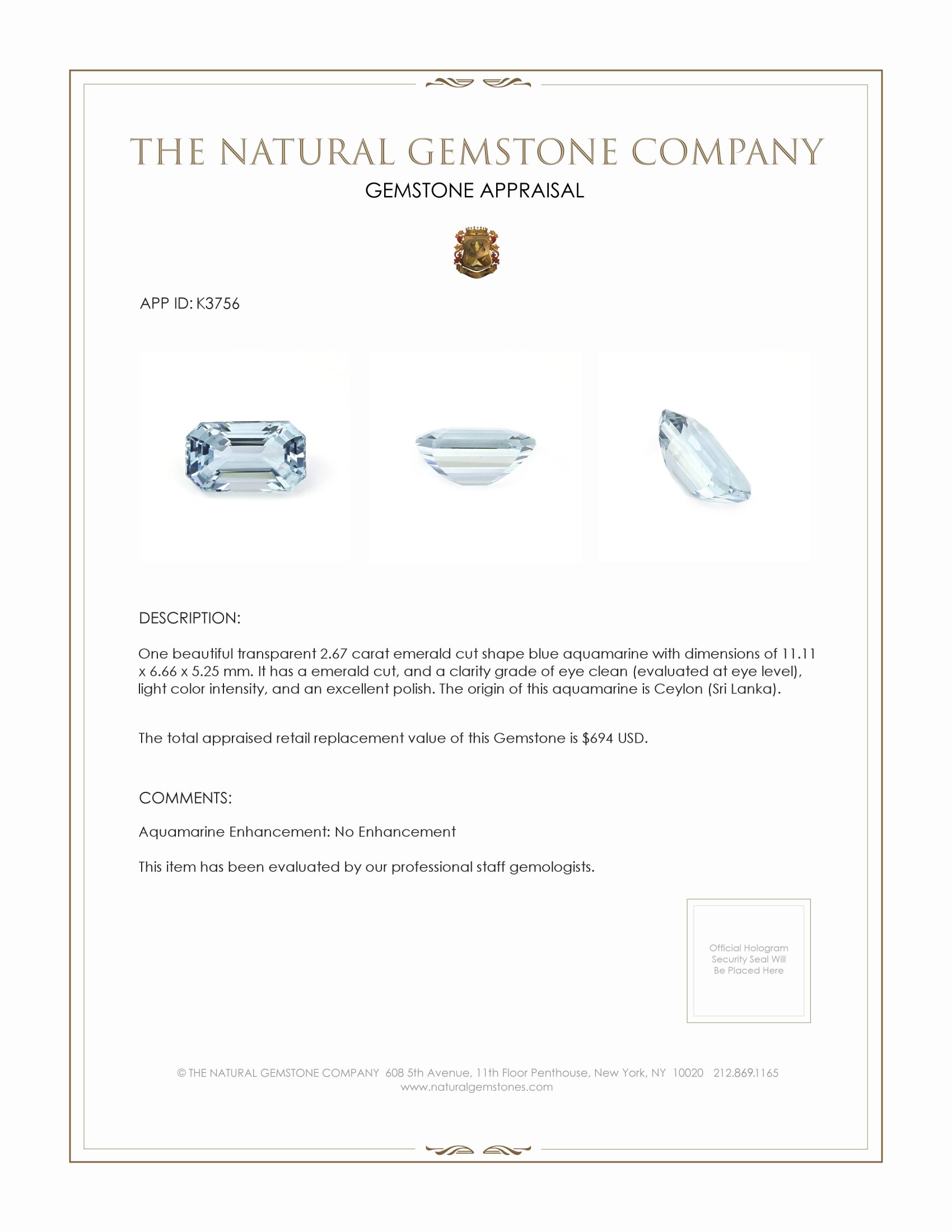2.67 Ct. Aquamarine from Ceylon (Sri Lanka)