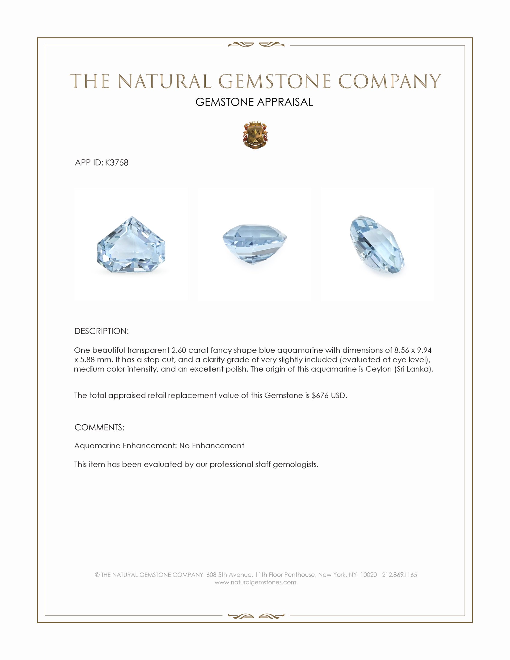 2.60 Ct. Blue Aquamarine from Ceylon (Sri Lanka)