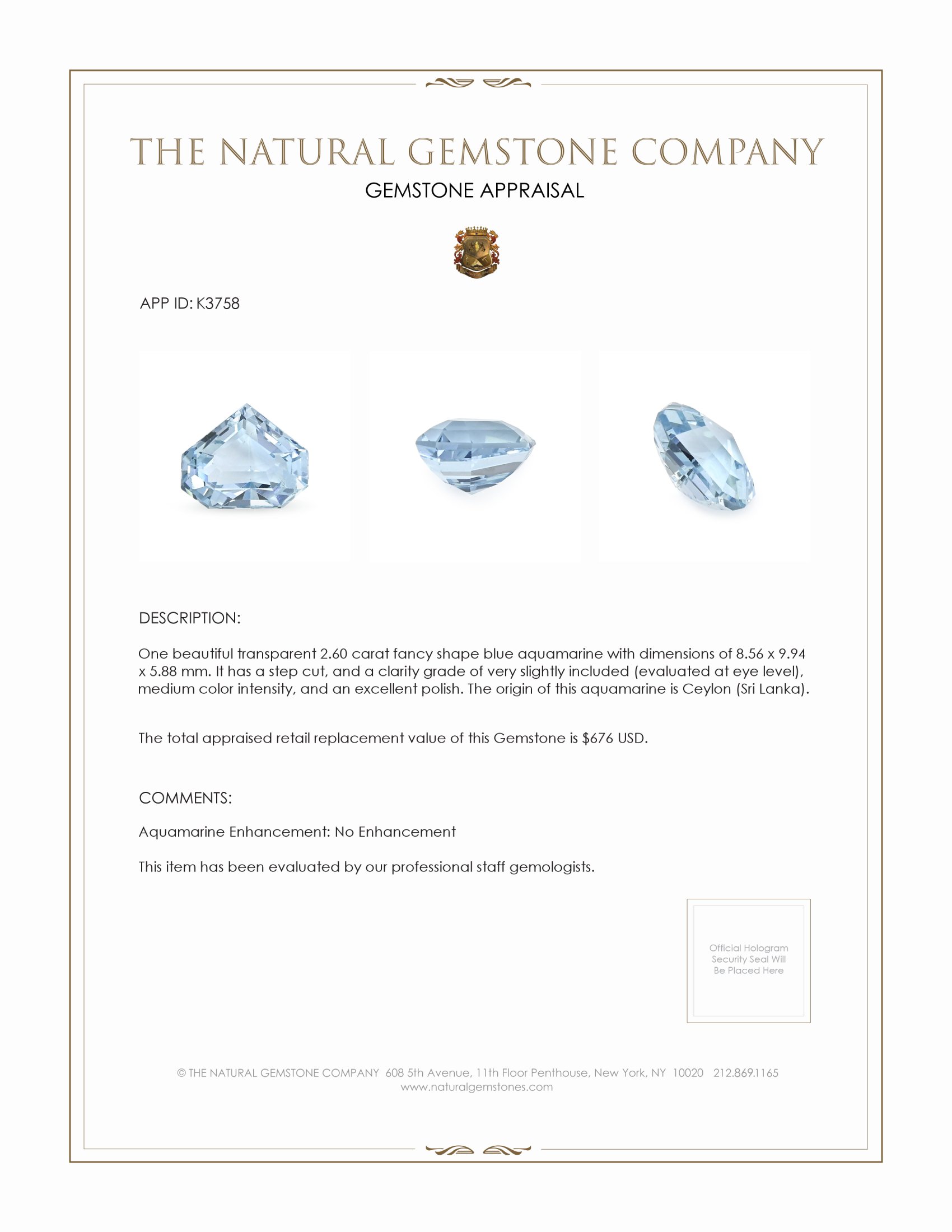 2.60 Ct. Aquamarine from Ceylon (Sri Lanka)