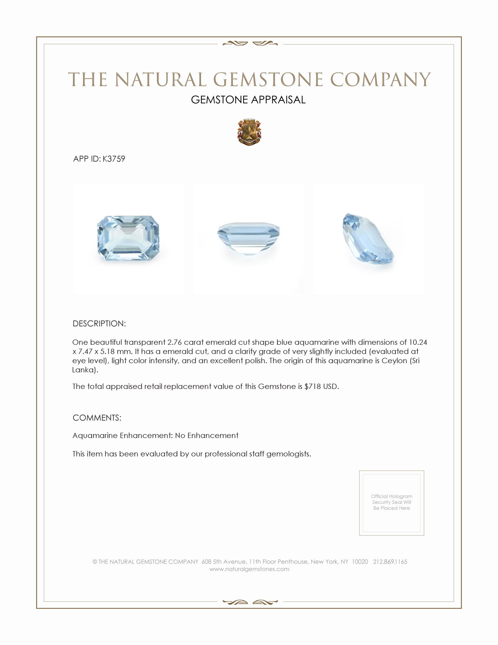 2.76 Ct. Aquamarine from Ceylon (Sri Lanka)