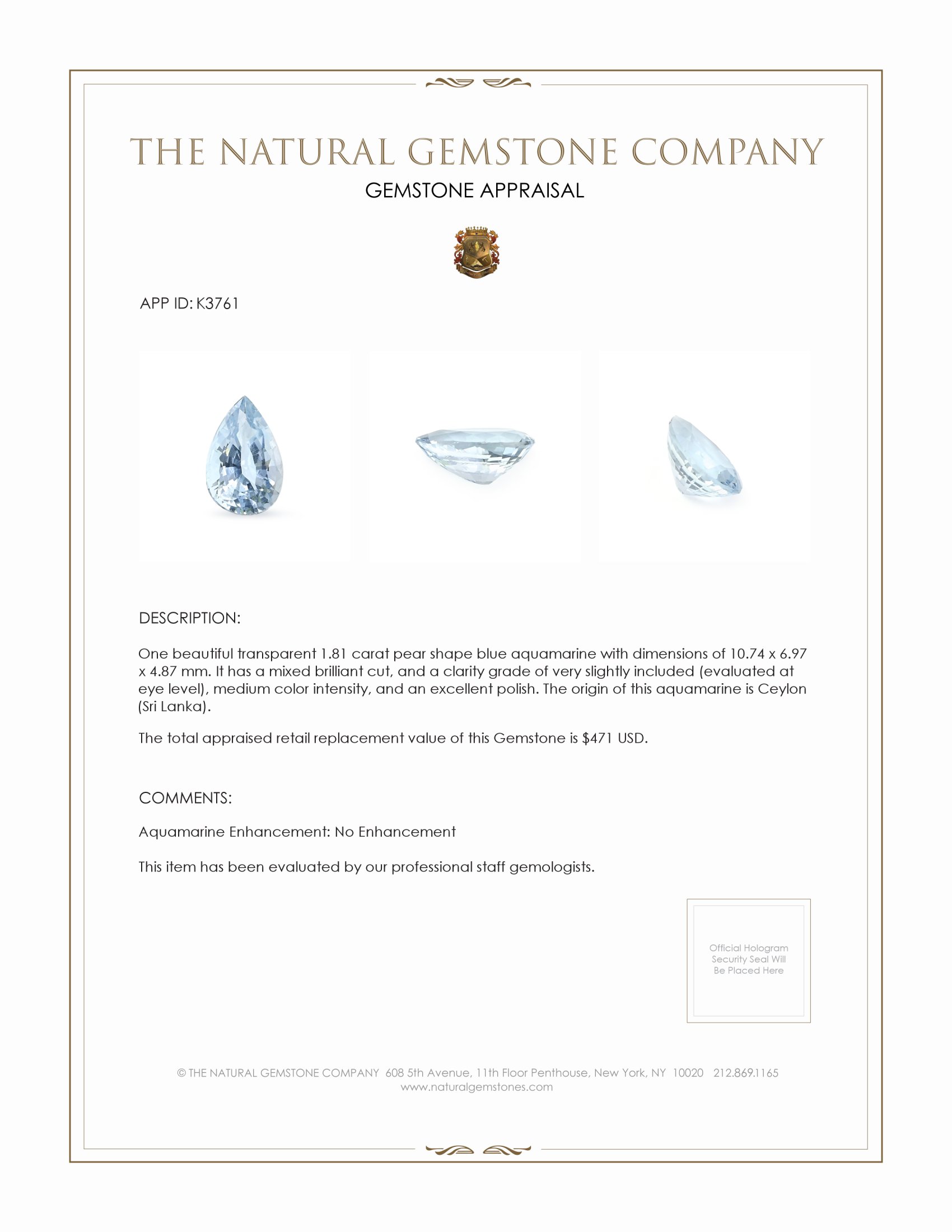 1.81 Ct. Aquamarine from Ceylon (Sri Lanka)
