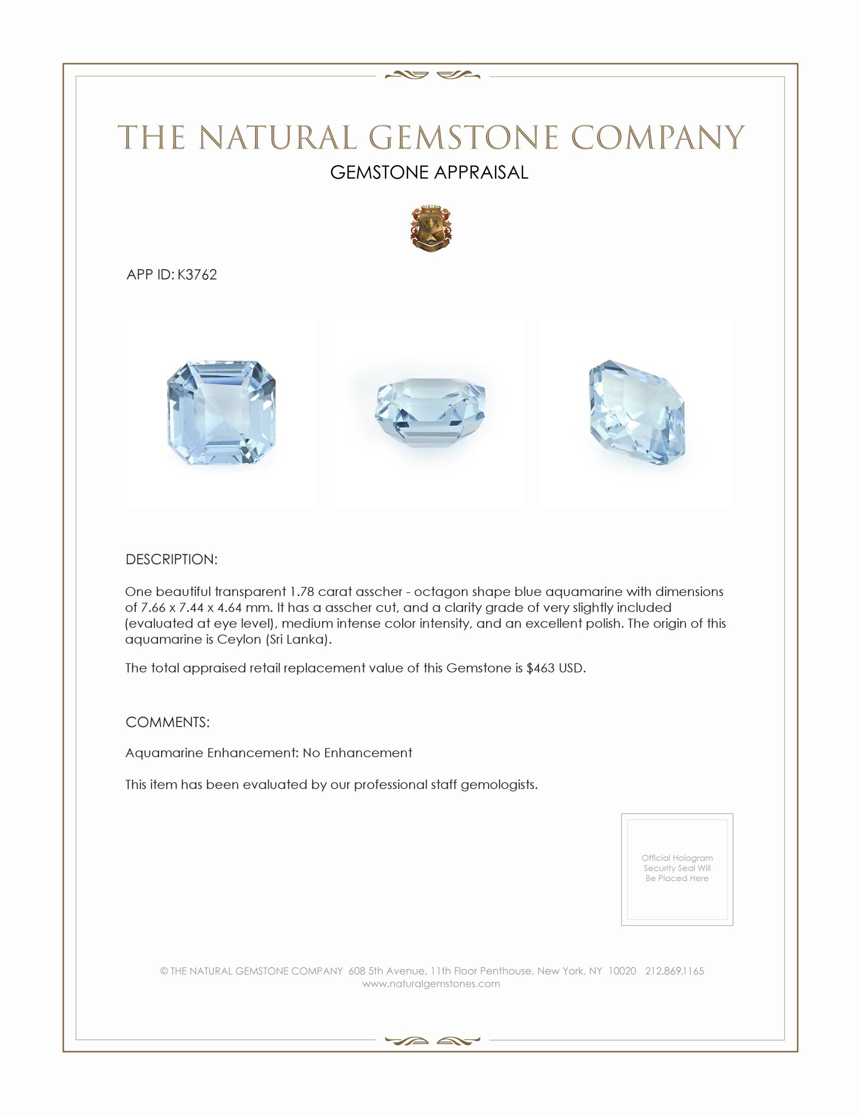 1.78 Ct. Blue Aquamarine from Ceylon (Sri Lanka)