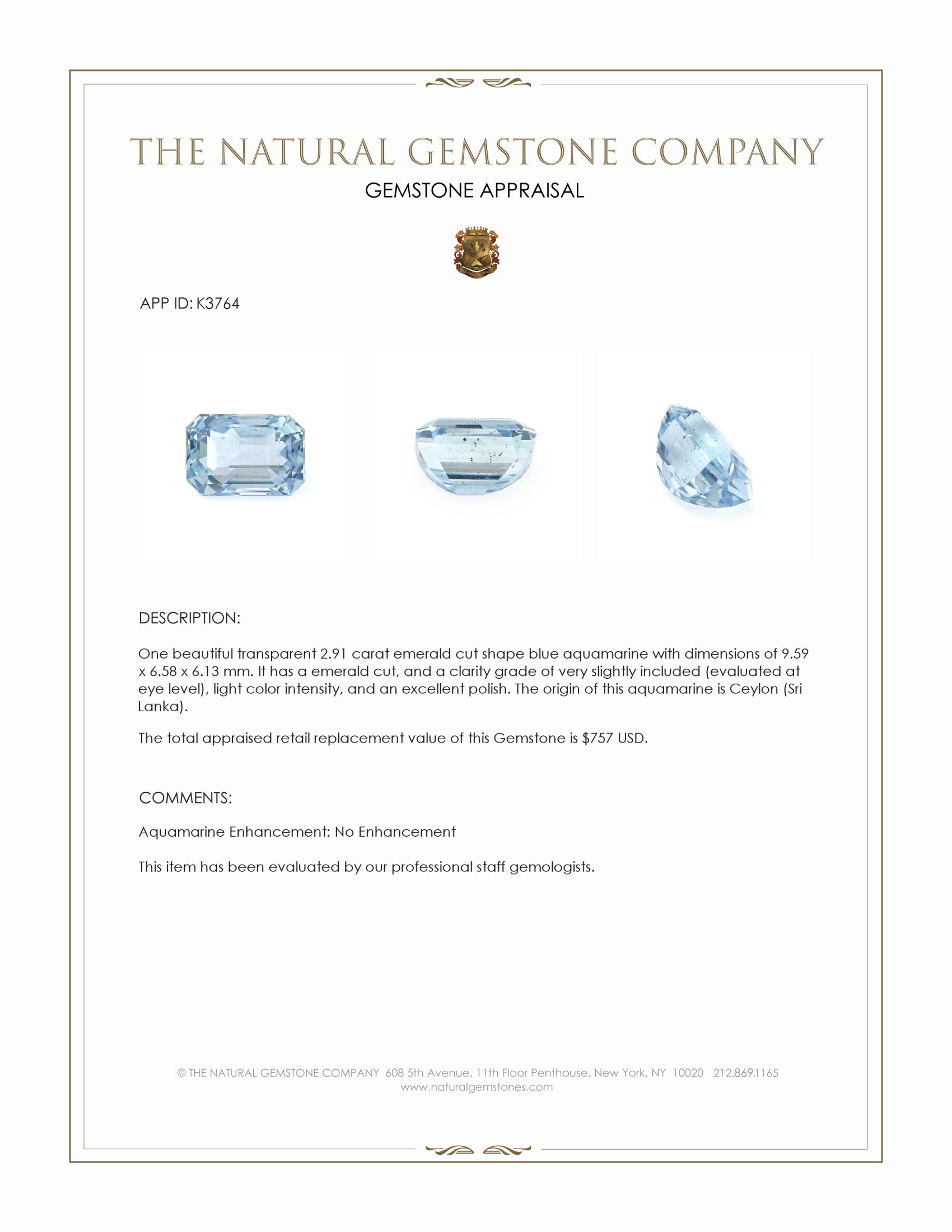 2.91 Ct. Blue Aquamarine from Ceylon (Sri Lanka)