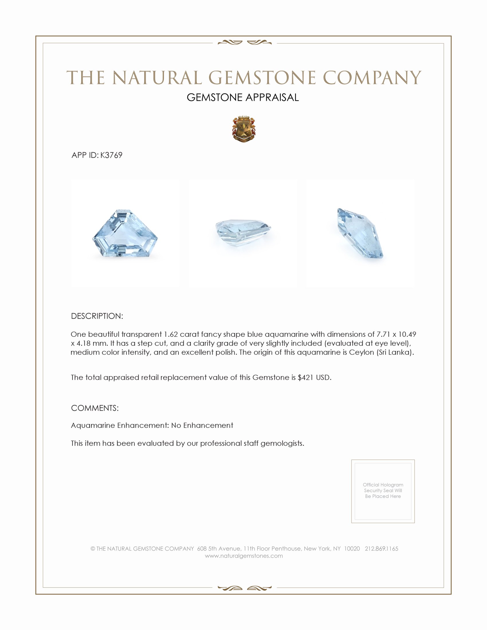 1.62 Ct. Aquamarine from Ceylon (Sri Lanka)