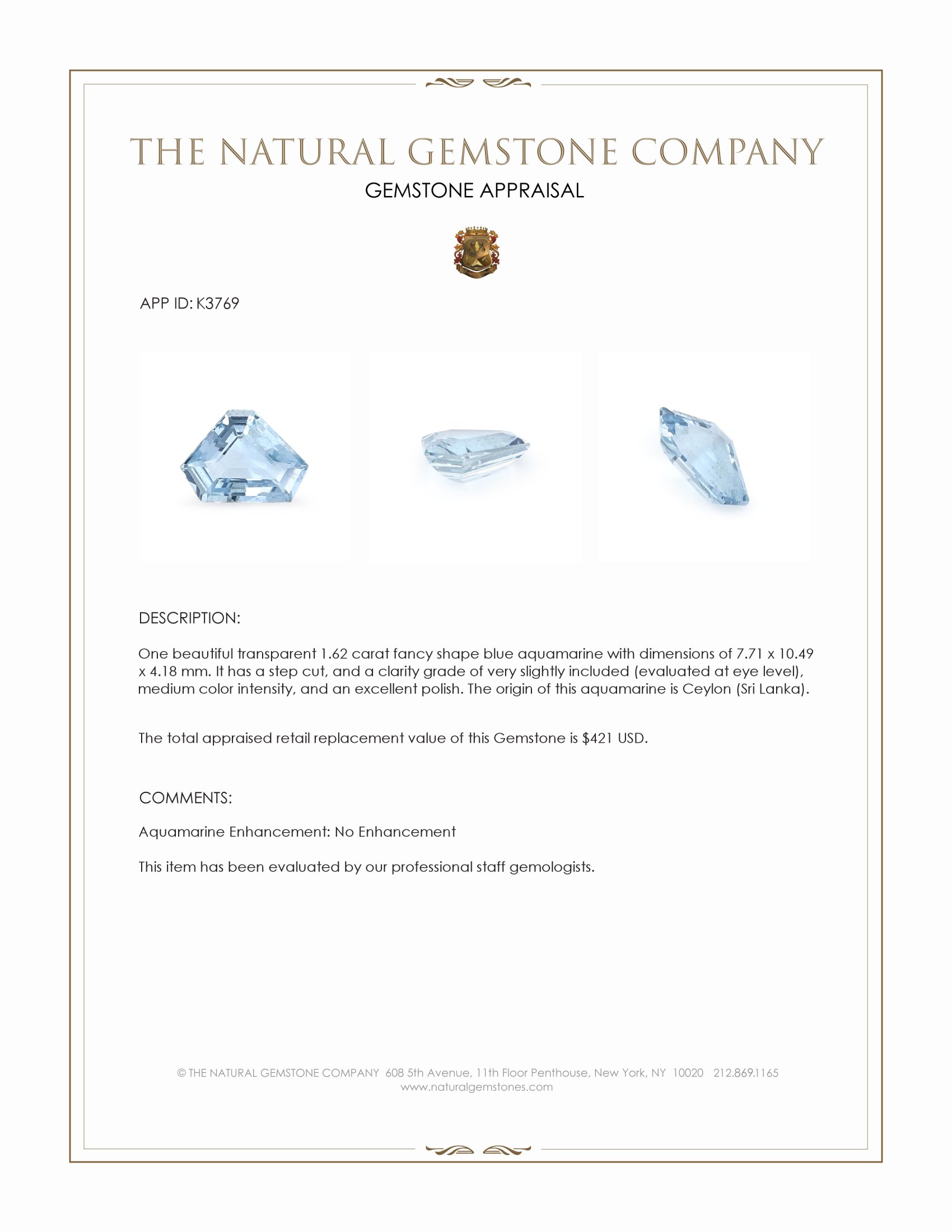 1.62 Ct. Aquamarine from Ceylon (Sri Lanka)
